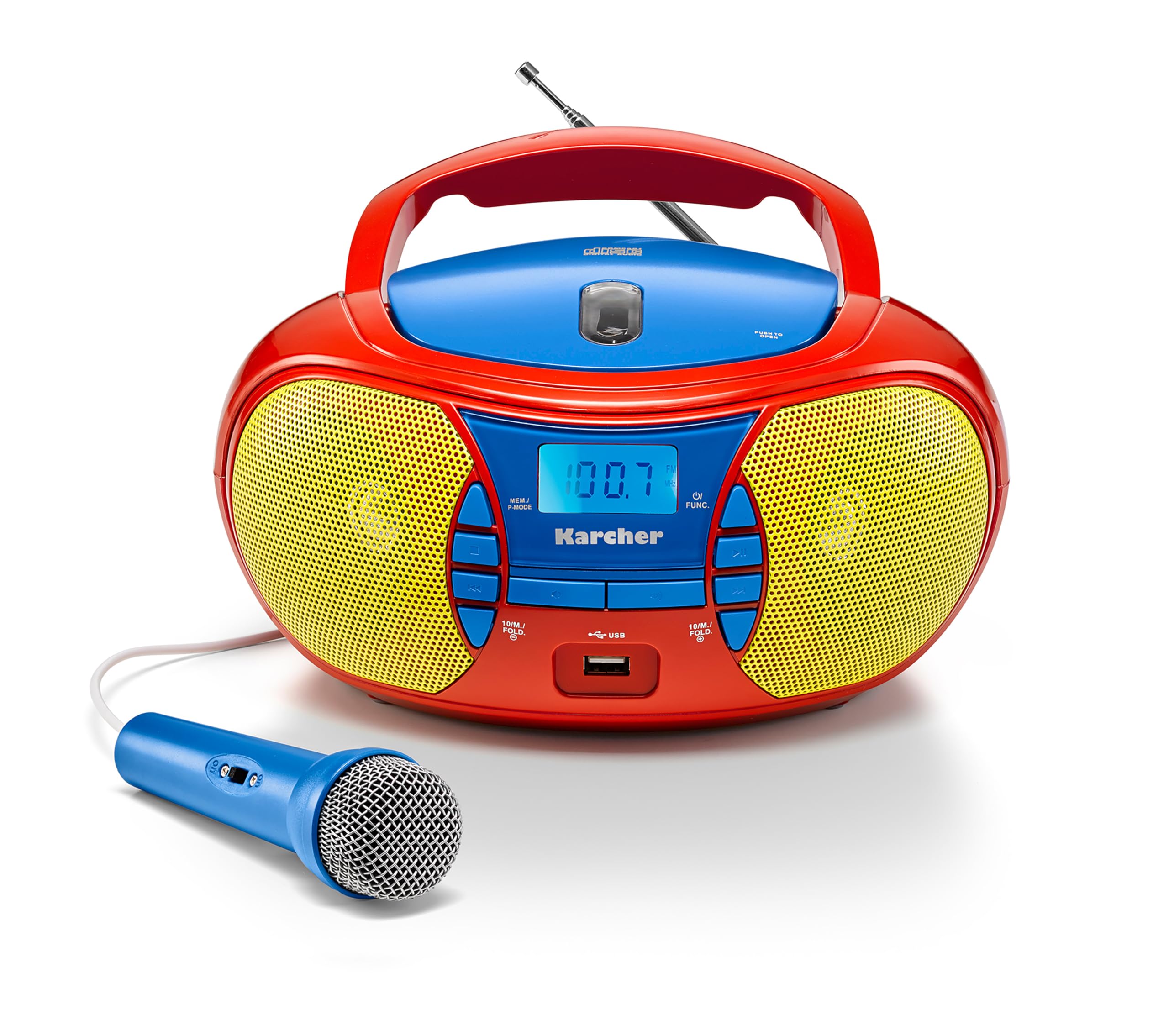 Karcher RR 5026 portable CD radio - colorful children's boombox with CD player, FM radio, USB & microphone - battery/mains operation