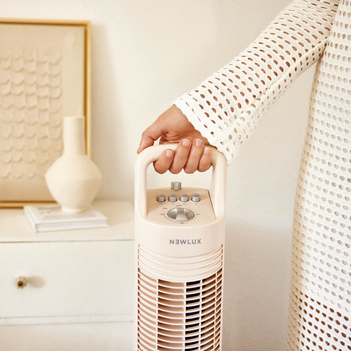 Newlux - tower fan without blades W80 (45W) 3 speed levels, 70° oscillation and timer 120min. Pedestal fan with copper motor and transport handle. No installation (coral) - 1200496