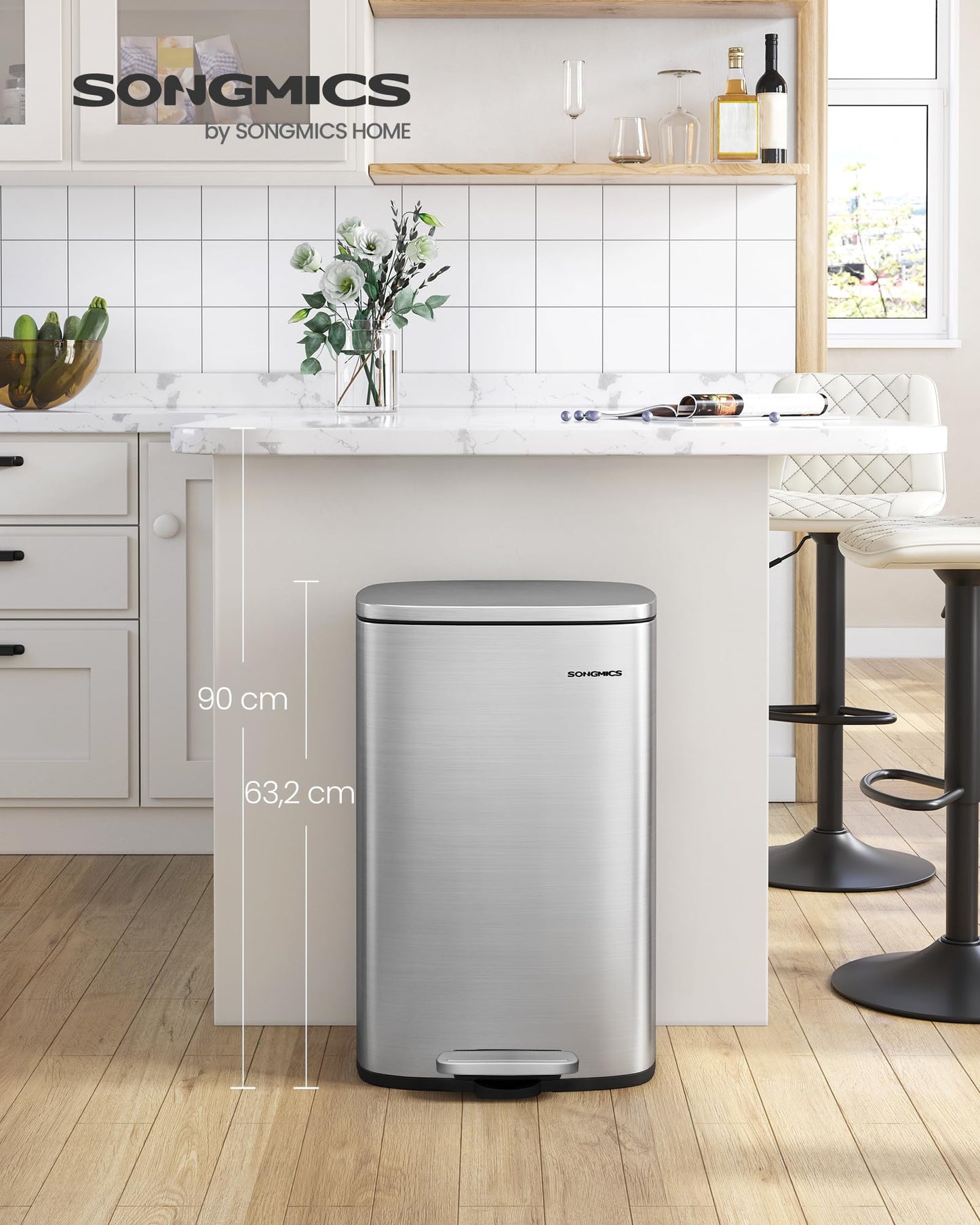 SONGMICS kitchen rubbish bin, 50 liters, waste bin, pedal bin, with lid, soft close, foot pedal, steel, inner bin, silver LTB050E01