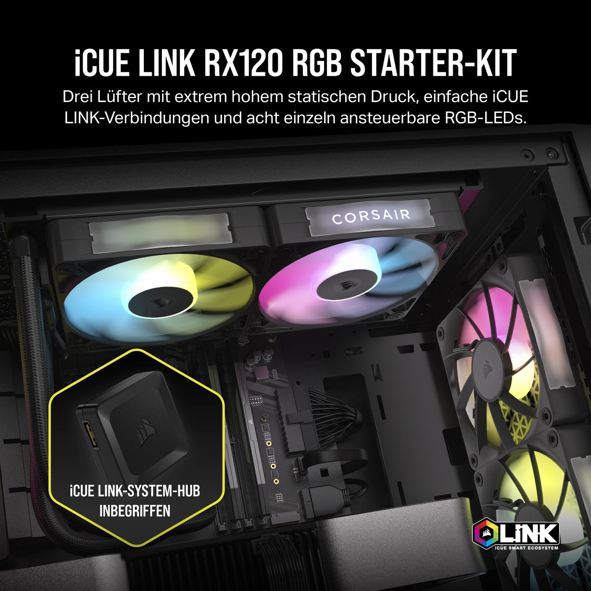 CORSAIR iCUE LINK RX120 RGB 120mm PWM Fans with iCUE LINK System Hub - Magnetic Coupling Bearing - Triple Pack - Black - CO-9051018-WW