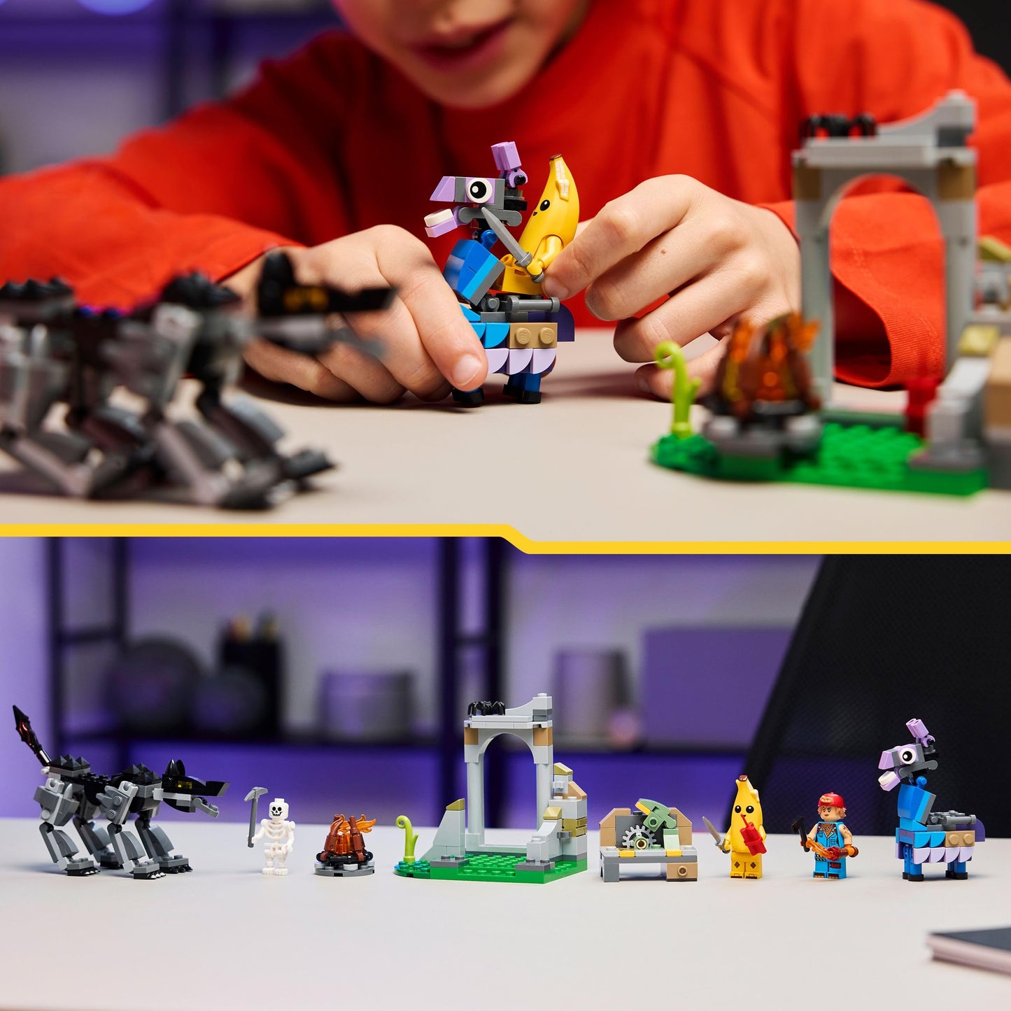 LEGO Fortnite The camp of Schali and the spark plug artist gaming toy - storage llama and wolf - 3 minifigures & campfire - gamer gift for boys, girls and fans aged 7 and over - 77075
