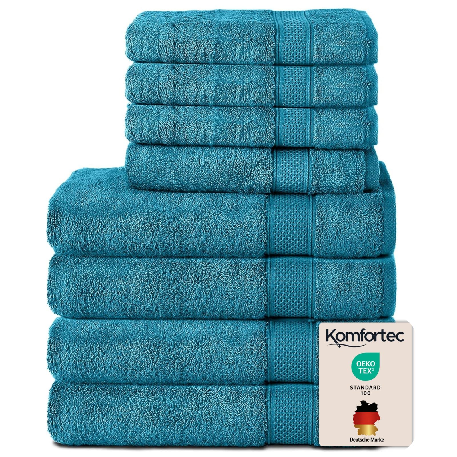 Set 8 prosoape Komfortec, 4 prosoape de baie 70x140 cm și 4 prosoape de mâini 50x100 cm, 100% bumbac tip frotir, pufoase și absorbante, turcoaz - 4er-50x100-und-4er-70x140-turkis