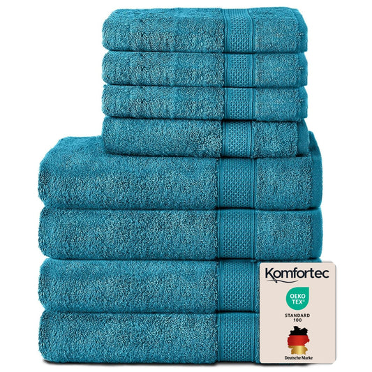 Set 8 prosoape Komfortec, 4 prosoape de baie 70x140 cm și 4 prosoape de mâini 50x100 cm, 100% bumbac tip frotir, pufoase și absorbante, turcoaz - 4er-50x100-und-4er-70x140-turkis