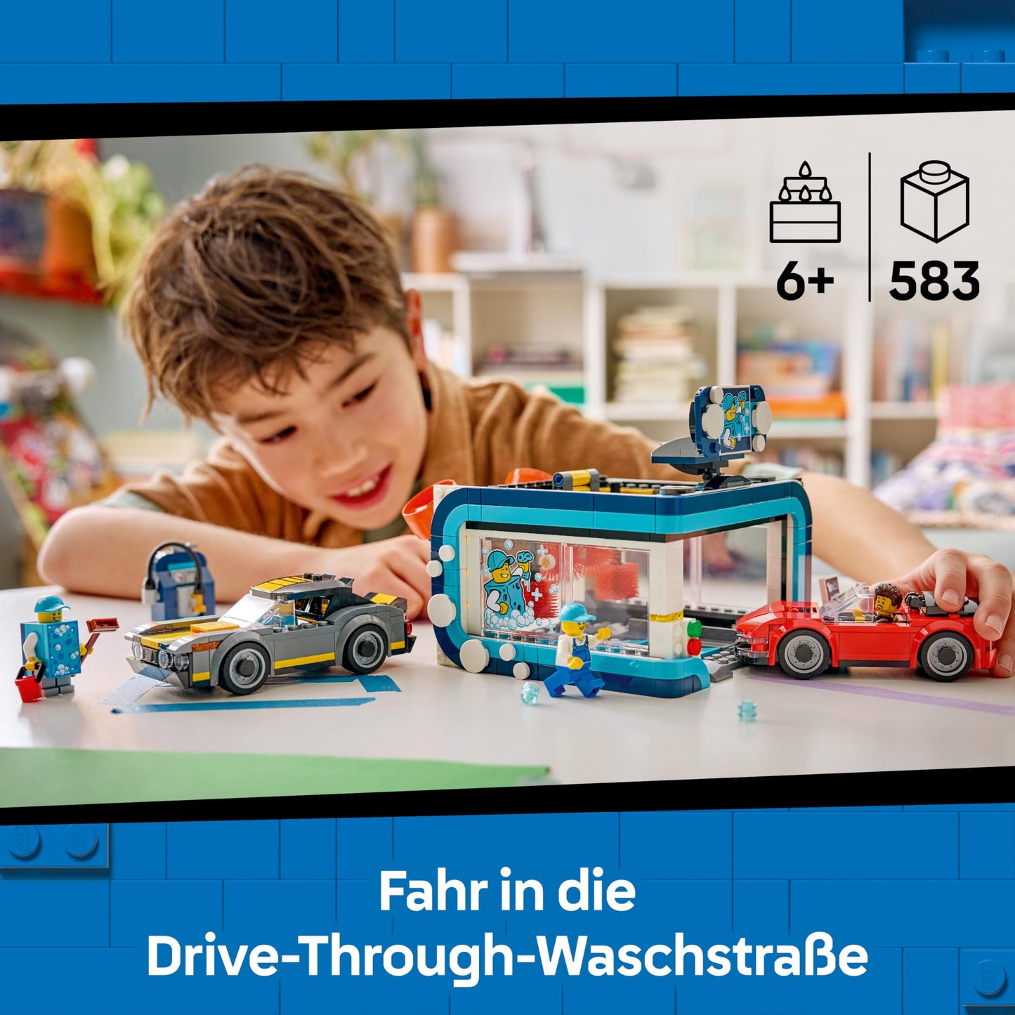 LEGO City car wash toy - including 2 model cars, washing function and 4 minifigures with accessories - birthday gift for boys aged 6 and over - 60497