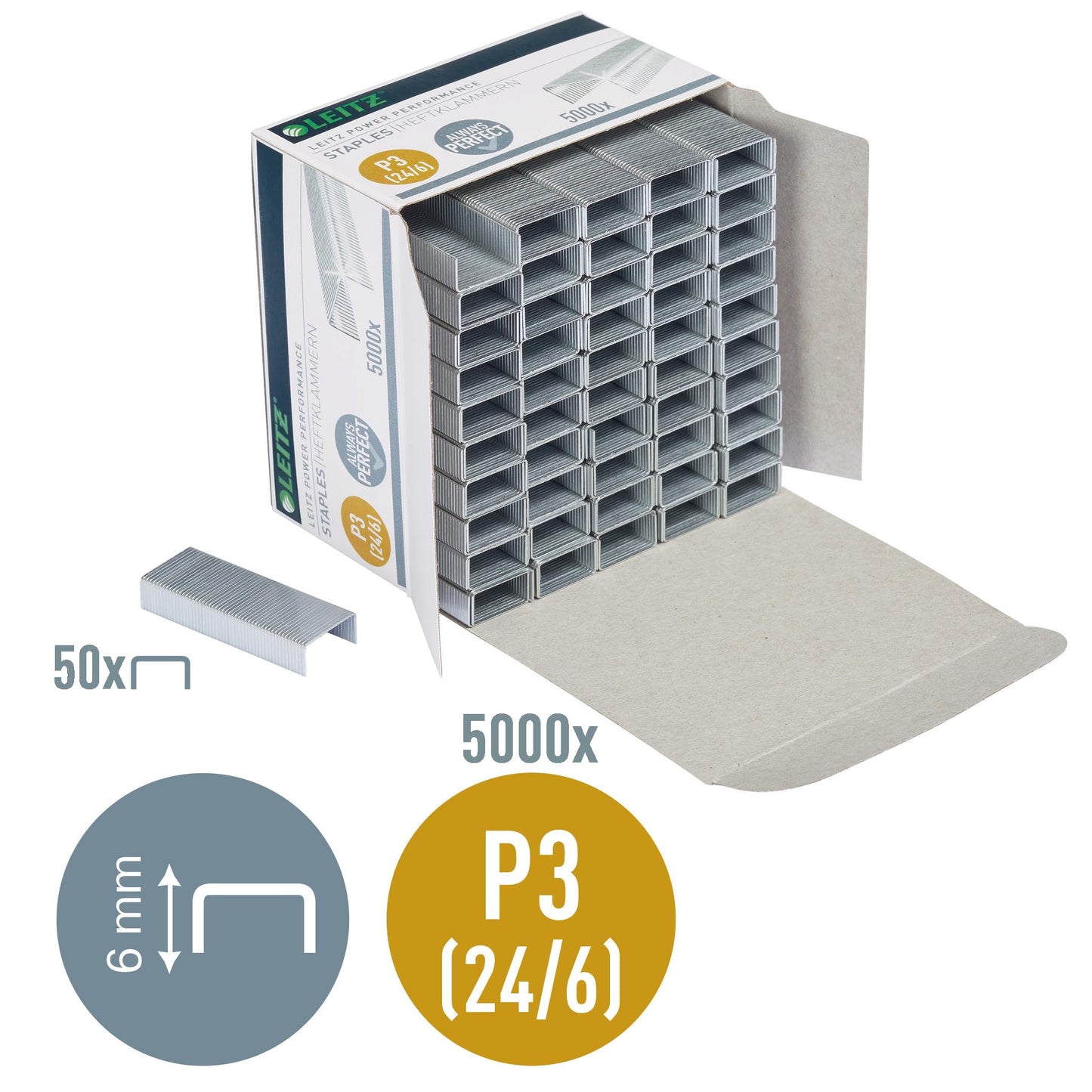 Leitz Power Performance P3 staples, 24 x 6 mm, pack of 10, 5000 pieces, galvanized metal, 54990000 - 54990000-10