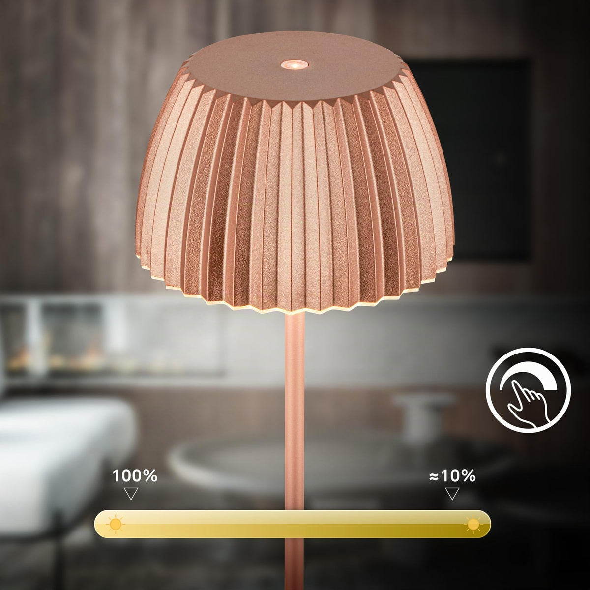 BRILONER - Riffle LED Table Lamp, wireless IP44 with light edge, touch dimmer, replaceable battery, bedside lamp, reading lamp, LED lamp, battery-operated lamp, German Design Award Winner, 14.5x36.5cm, copper color - 7553013