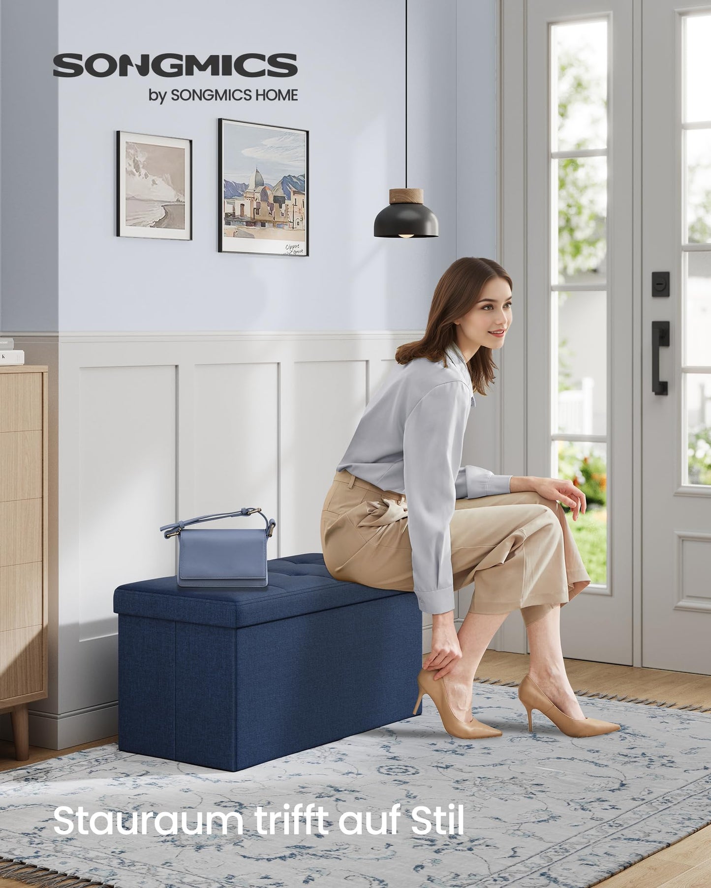 SONGMICS Stool with storage space, folding bench, 38 x 76 x 38 cm footstool, storage box, load capacity up to 300 kg, for living room, bedroom, hallway, midnight blue LSF47IN - SUPTMAX