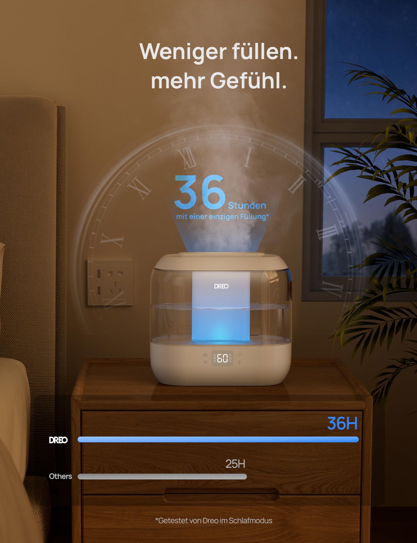 DREO Smart Humidifier for Bedroom, Top Fillable 4L Large Cooler Mist Humidifier with Oil Diffuser and Night Light, 36 Hour Runtime, Quiet Ultrasonic Humidifier for Home - DR-HHM001S