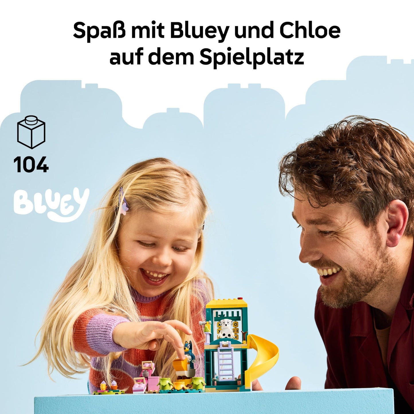 LEGO Bluey Playground Fun with Bluey and Chloe - Toy for 4+ Year Old Girls & Boys - incl. 2 Minifigures, a Functional Pink See-Saw, Slide, Climbing Frame & 3 Plants - Gift for TV Show Fans - 11201