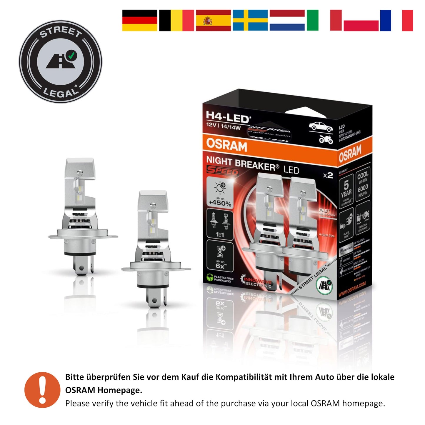 Osram Night Breaker LED Speed H4 450, high and low beam with street approval, up to 450% more brightness, 6000K, quick installation, no mechanical accessories necessary, LEDEC02 integrated - 64193DWNBSP-2HB