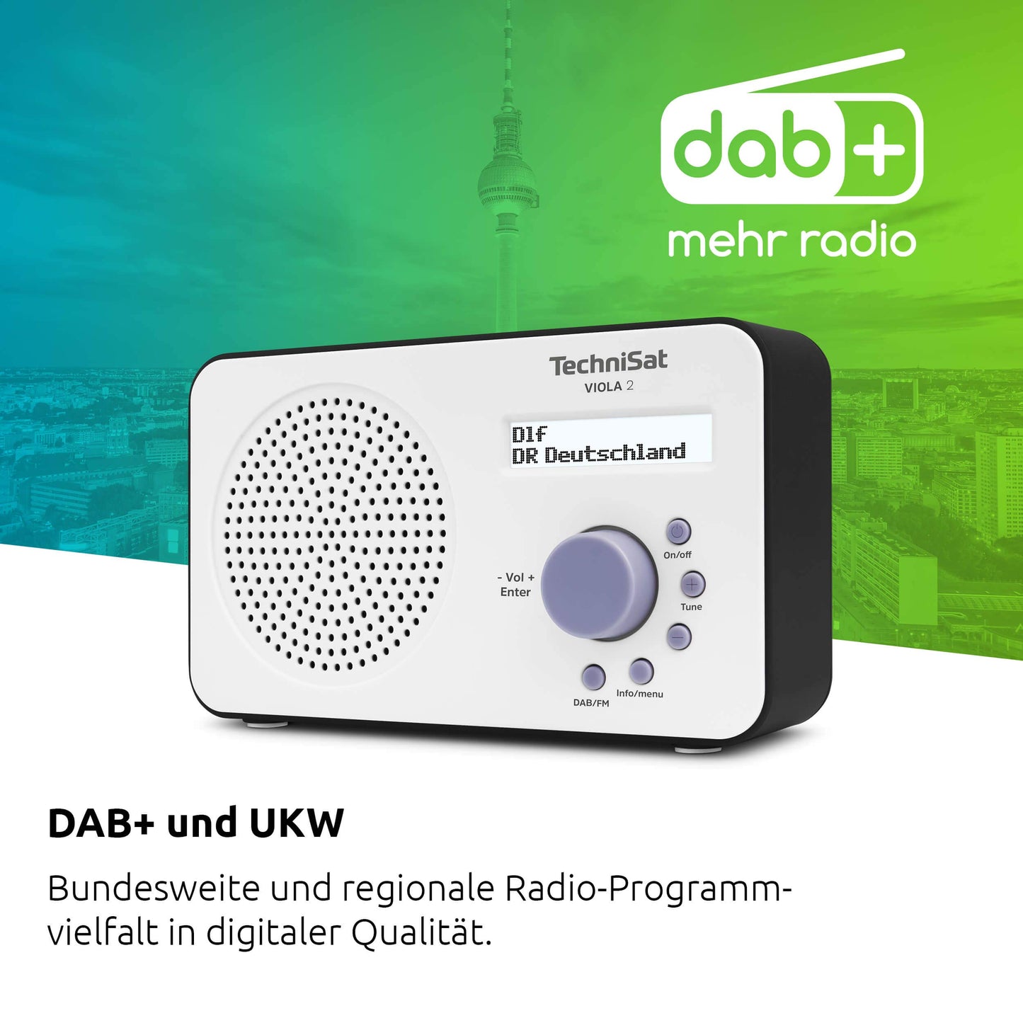 TechniSat Viola 2 - portable DAB radio (DAB+, FM, loudspeaker, headphone jack, two-line display, button control, small, 1 watt RMS) white/black - 0000/3906