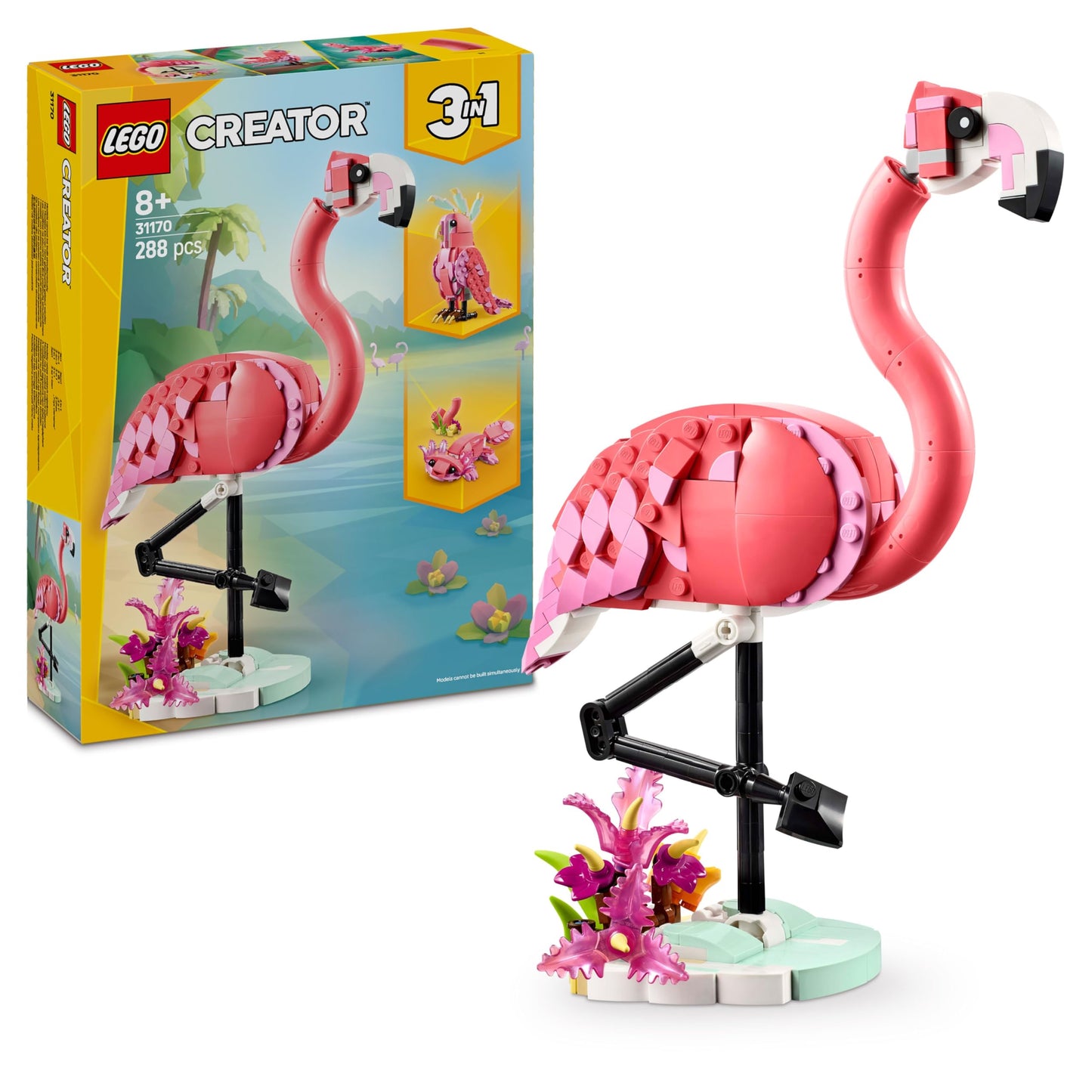 LEGO Creator 3in1 Wild Animals: Pink Flamingo - Convertible into Cockatoo Parrot Figure or Axolotl - Creative Birthday Gift for Girls & Boys from 8 Years - 31170
