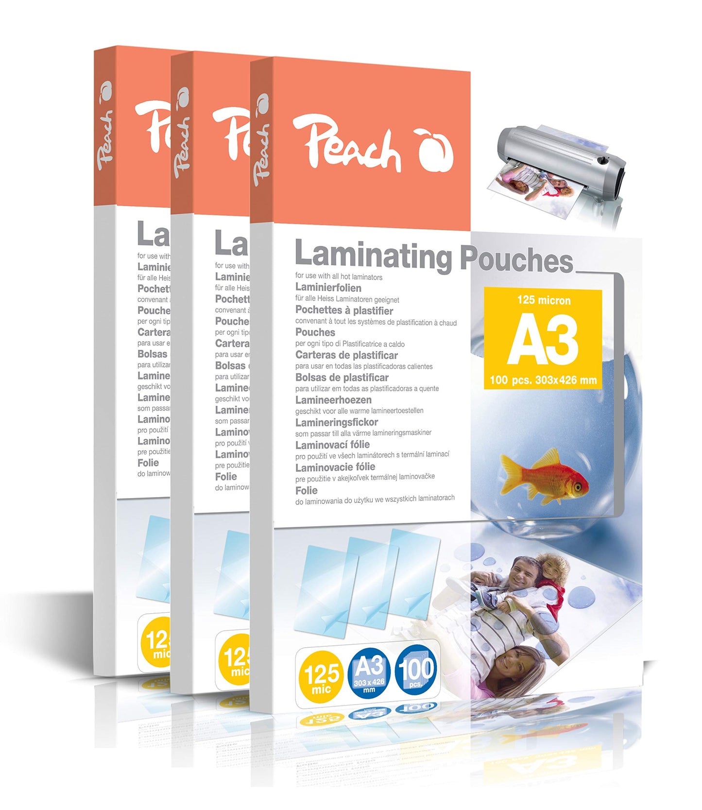Peach laminating pouches A3 300 pieces 2 x 125 mic (250µm) glossy - ultra strong - PP525-13P
