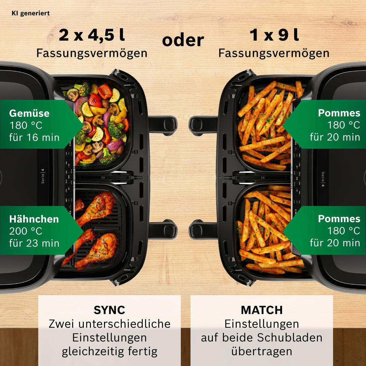 Frigider cu aer Bosch Heißluftfritteuse Serie 4, cu două camere, 9L (2 * 4,5L) Airfryer Dual, 6 programe, până la 230 grade, potrivit pentru mașina de spălat vase, fără PFAS, negru, MAFD440B0