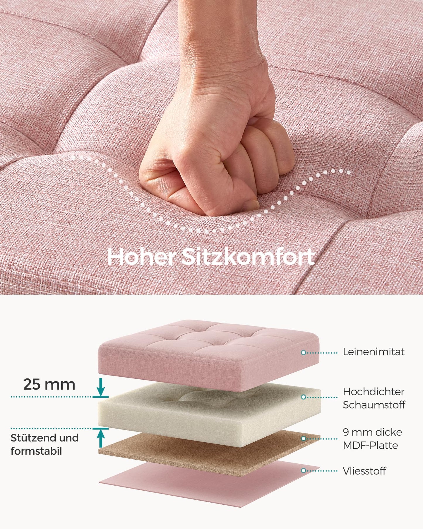 SONGMICS Stool with storage space, folding bench, 38 x 110 x 38 cm footstool, storage box, load capacity up to 300 kg, for living room, bedroom, hallway, pastel pink LSF077R11 - 6955880314393