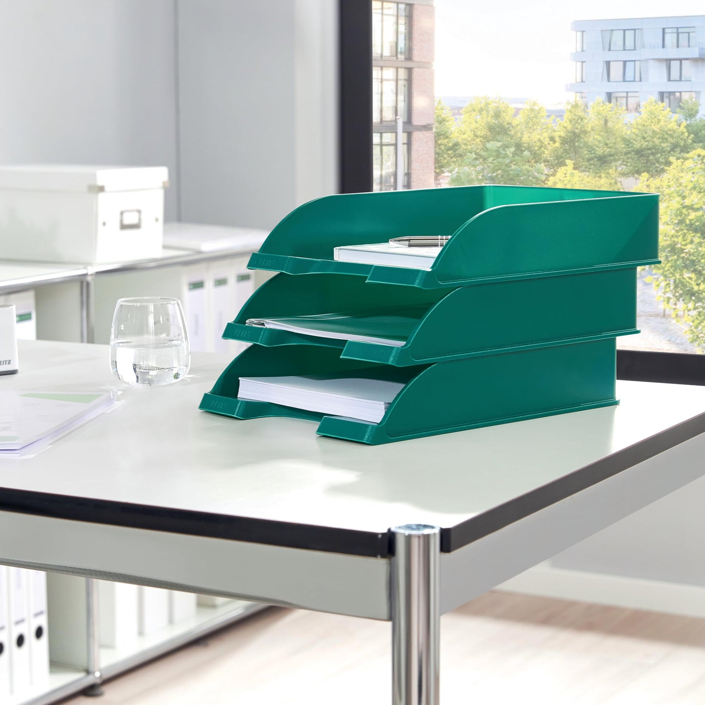 Leitz letter basket standard A4, pack of 5, letter tray in premium quality, stackable storage compartments as desk organiser, can be combined with Plus series, green, 52270055