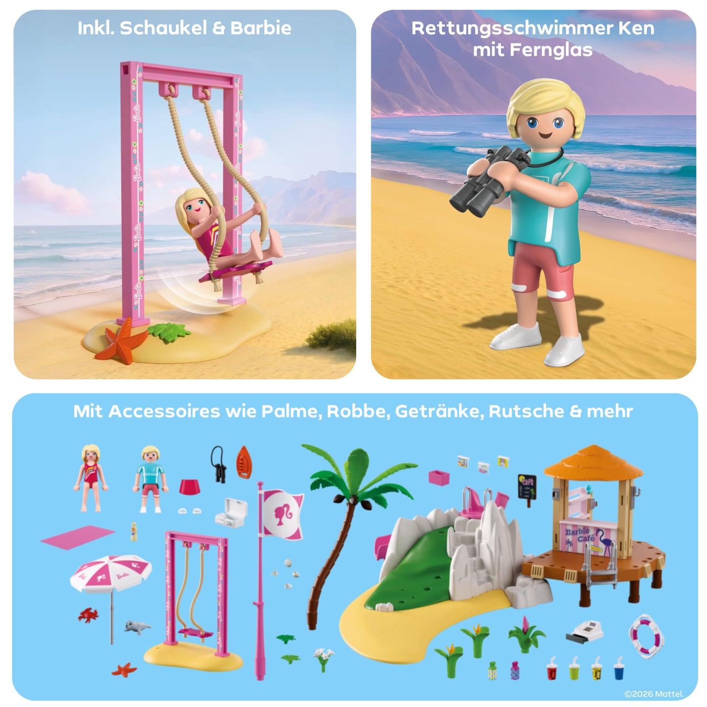 PLAYMOBIL Barbie Beach Café | Summer Adventures with Barbie & Ken | Beach café with swings, slide & animals | For creative role play | Imaginative playset for children aged 4 and over | 72121