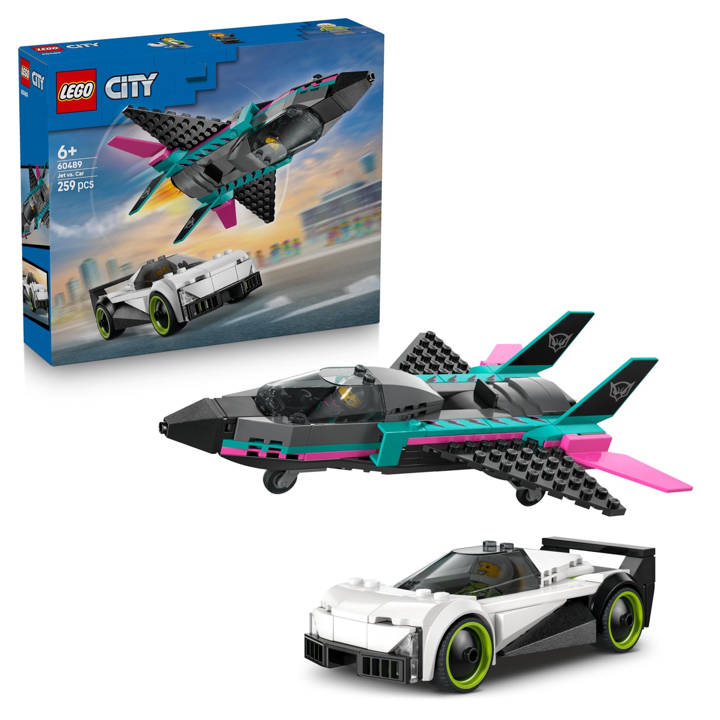 LEGO City jet plane vs. racing car - toy set with plane, super sports car and pilot and driver minifigure - birthday gift for boys aged 6 and over - 60489