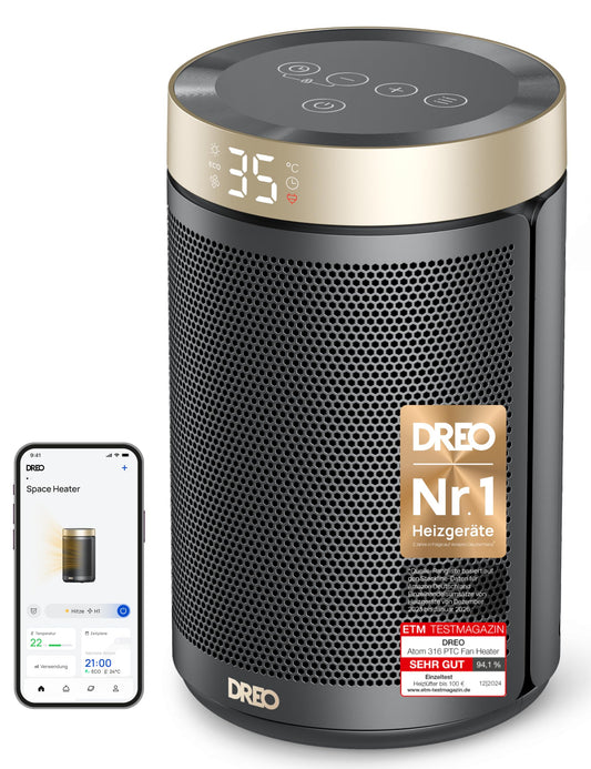 Dreo Energy-Saving Heater, 1500W energy-efficient quiet space heater, portable ceramic fan heater, thermostat with 3 modes, 12H timer, overheat and tip-over protection, for bedroom, Atom 316, Gold - DR-HSH006S