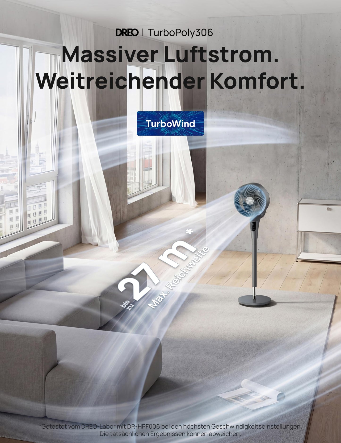 DREO Quiet Stand Fan for Bedroom [Improved], 27m Airflow, Quiet, 90° Oscillating, DC Motor, 8 Speeds, 3 Modes, 96-106cm Height Adjustable, 8H Timer, 105° Manual Tilt - DR-HPF013