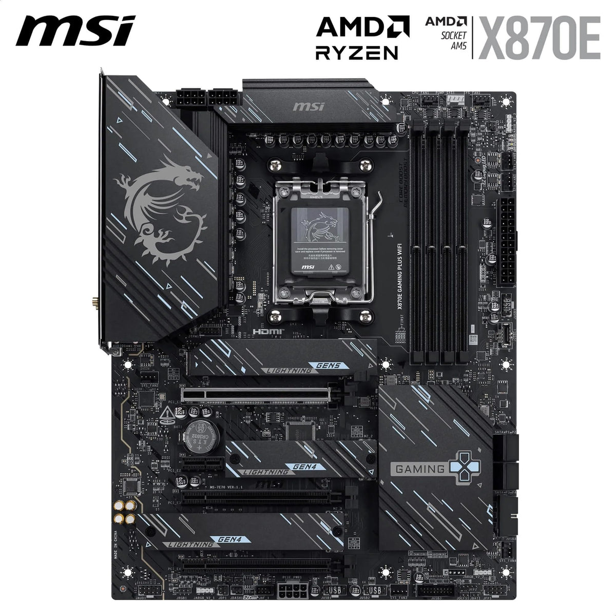 MSI X870E Gaming Plus WiFi Motherboard, ATX - Supports AMD Ryzen 9000/8000 / 7000 processors, AM5-60A SPS VRM, DDR5 Memory Boost 8200+ MT/s (OC), PCIe 5.0 x16 & 4.0 x4, M.2 Gen5, Wi-Fi 7, 5G LAN - 10876985