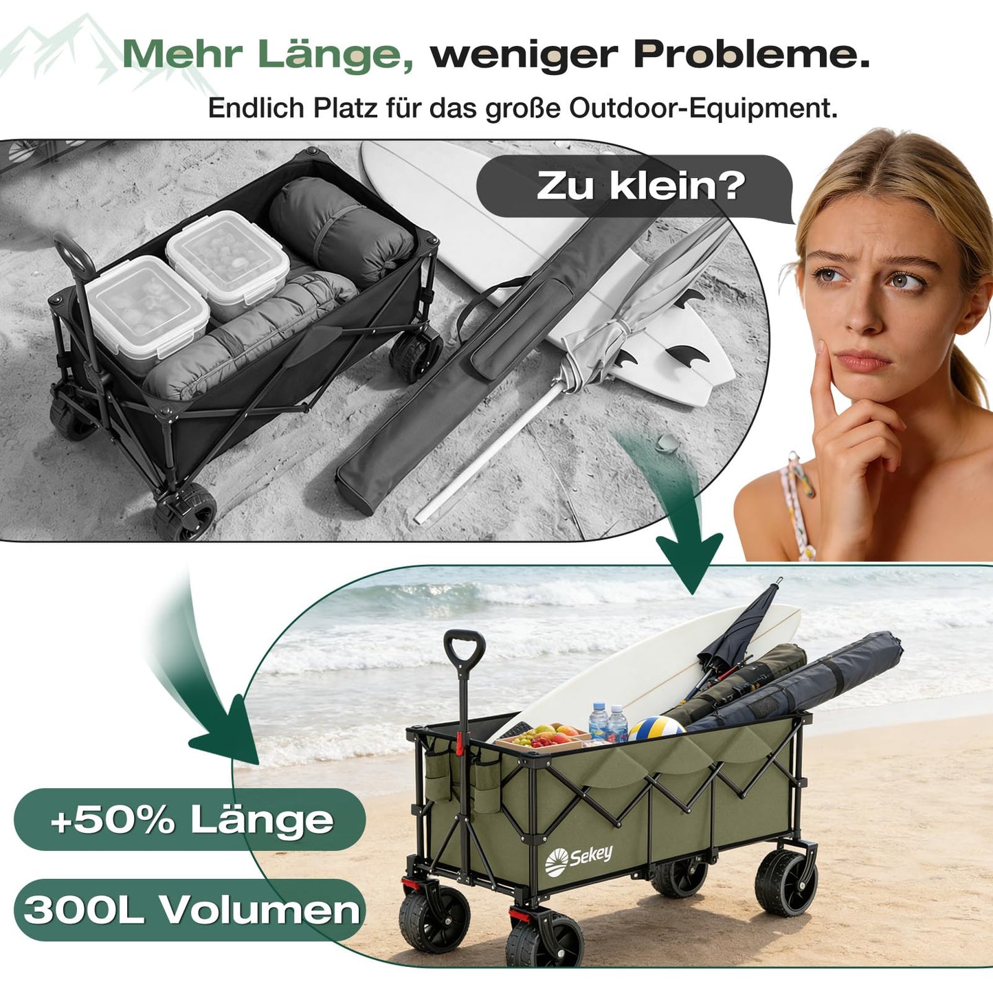 Sekey XXXL Handcart Foldable 300L 200KG Heavy Duty, Extended Folding Handcart with Extra Width 17x10 cm All-Terrain Wheels Handcart, Patented 4-Way Instant Assembly Transport Cart, Olive Green - 4013