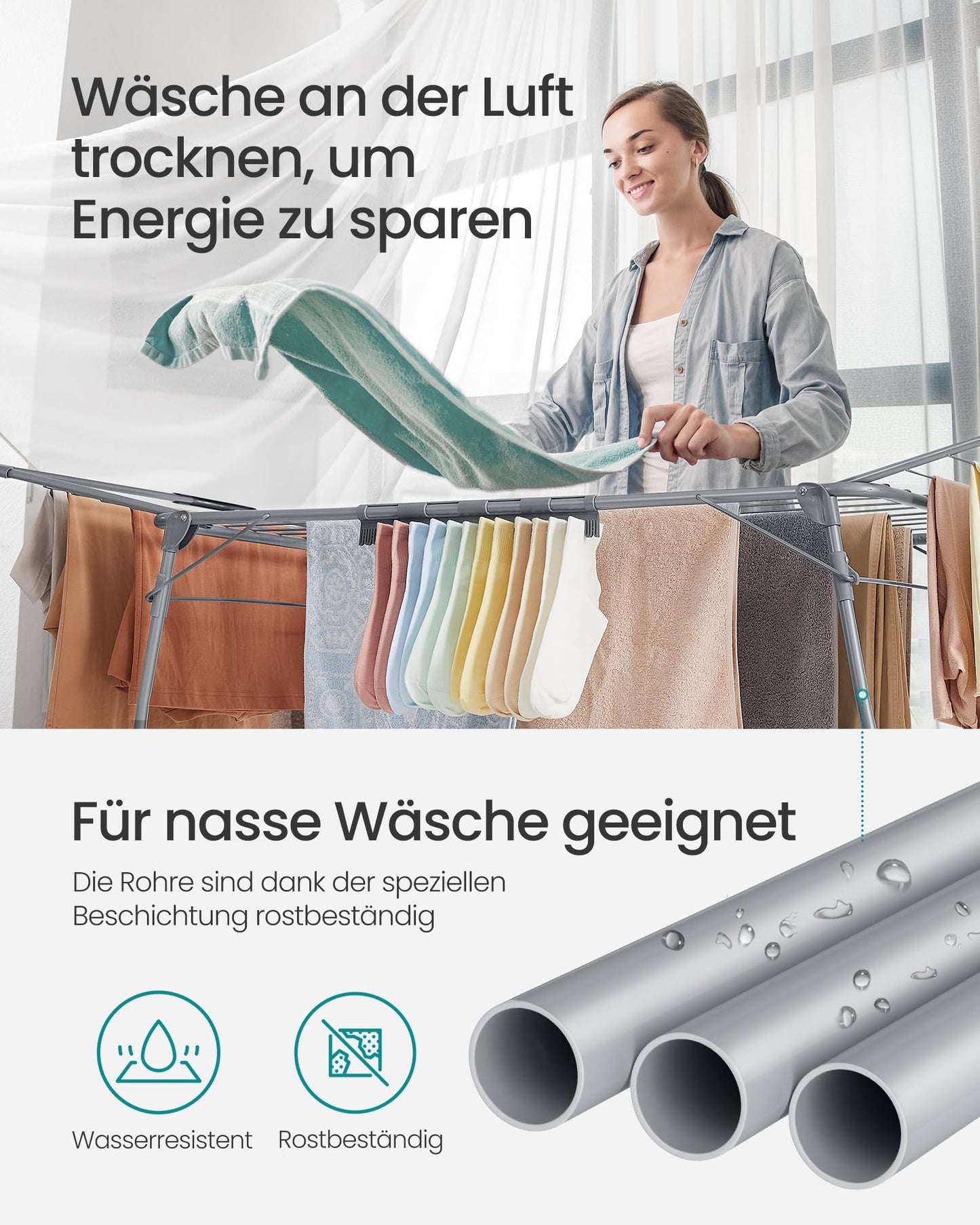SONGMICS clothes airer, stand dryer 52.5 x 173 x 96.5 cm, wing clothes airer, wing clothes dryer, space-saving, with sock holder, metal, for clothes, towels, laundry, gray LLR518G01
