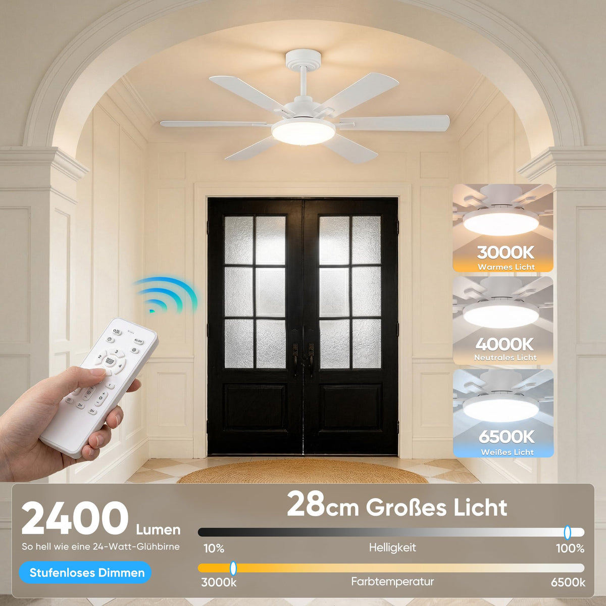 ROTTOGOON Ceiling Fan with Lighting 132cm, Double-Sided Blades, White - NJ004