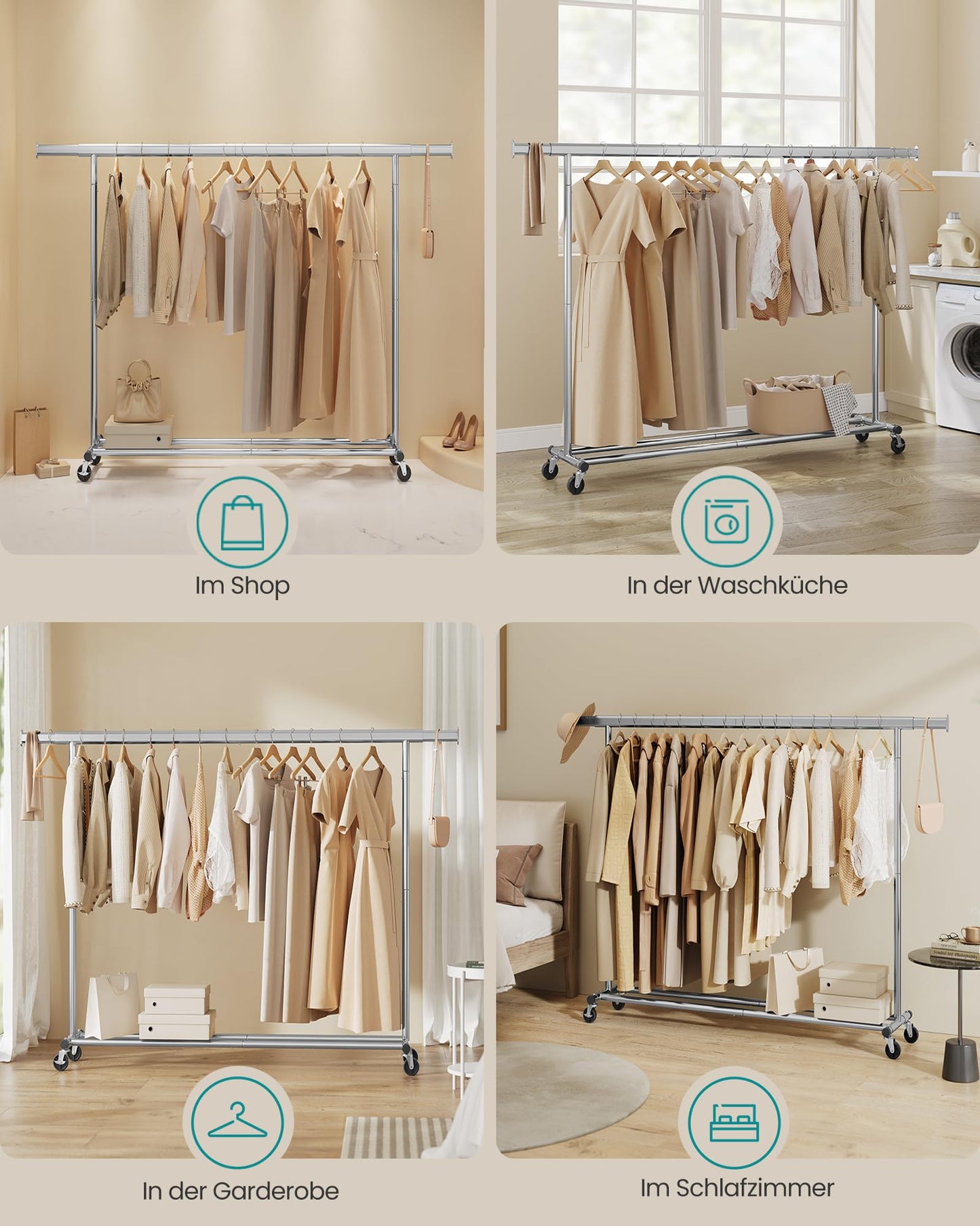 SONGMICS clothes rack on wheels, heavy-duty coat rack, extendable clothes rail, loads up to 150 kg, easy assembly, transportable, silver HSR175E01 - UHSR175E01