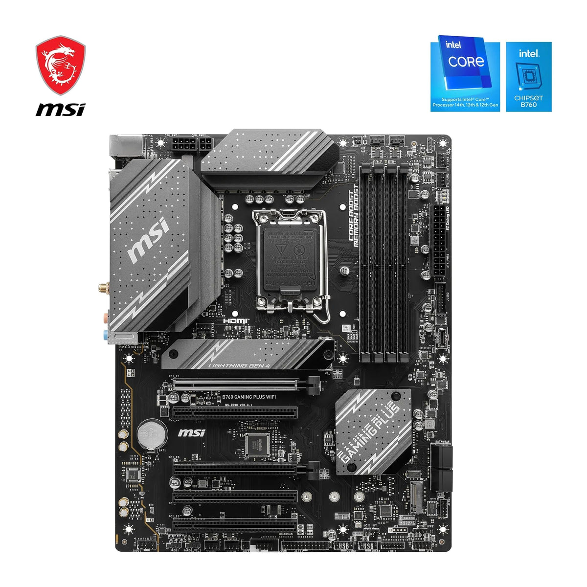 MSI B760 Gaming Plus WiFi Motherboard, ATX - Supports Intel Core processors of the 14th, 13th, and 12th generation, LGA 1700 - DDR5 6800+MHz/OC, 2 x PCIe 4.0 x16, 2 x M.2 Gen4, 2.5G LAN, Wi-Fi 6E - 7D98-007R
