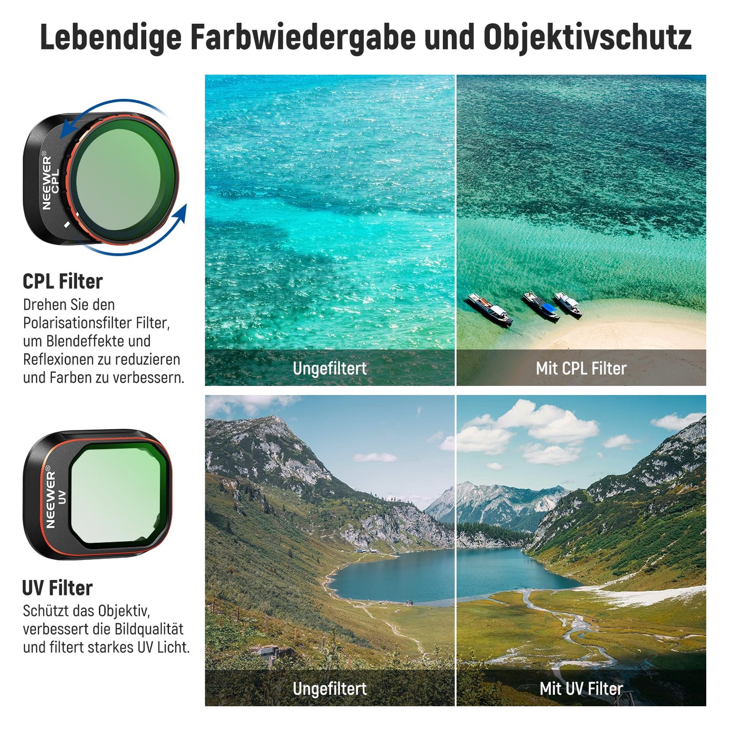 NEEWER filter set compatible with DJI Mini 4 Pro, ND16/32/64/128/256/512/1000 ND16/PL, ND32/PL, ND64/PL, ND128/PL, ND256/PL, UV, CPL, LPR, Black Diffusion 1/4 filter for a cinematic fog effect - 10103579