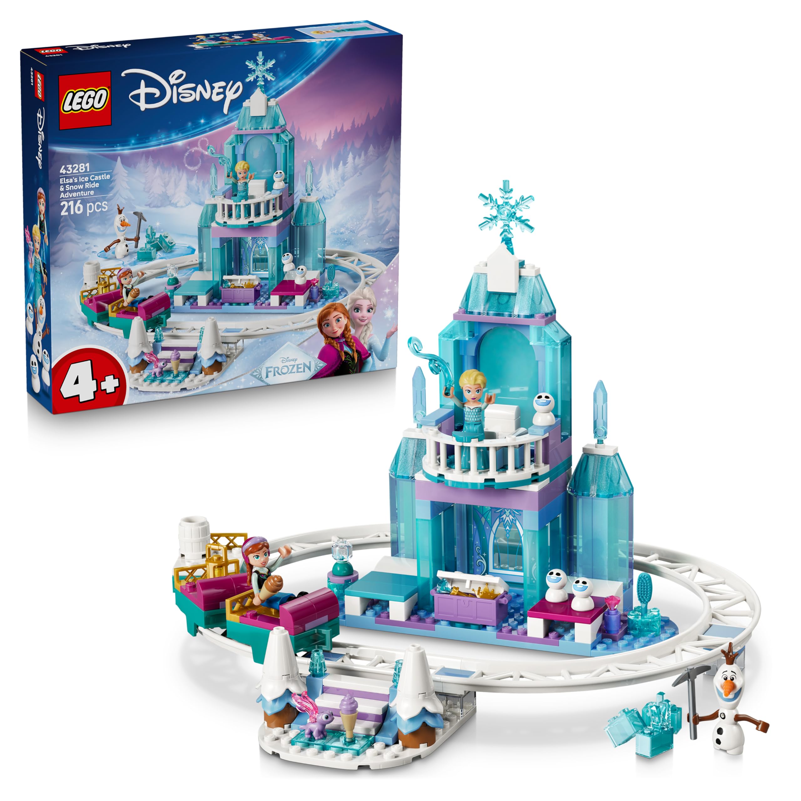 LEGO ǀ Disney Frozen Elsa's sleigh ride around the ice palace - toy including Anna and ELSA mini dolls, Olaf figure as well as railway tracks and snow wagon - gift for girls aged 4 and over - 43281