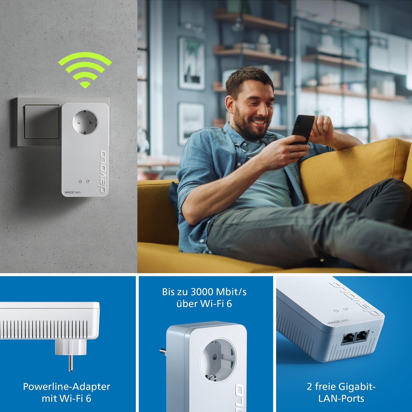 devolo Magic 2 WiFi 6 Next expansion adapter, WiFi powerline adapter, up to 3,000 Mbit/s via Wi-Fi 6, mesh WiFi socket, 2X Gigabit LAN, white - 7214
