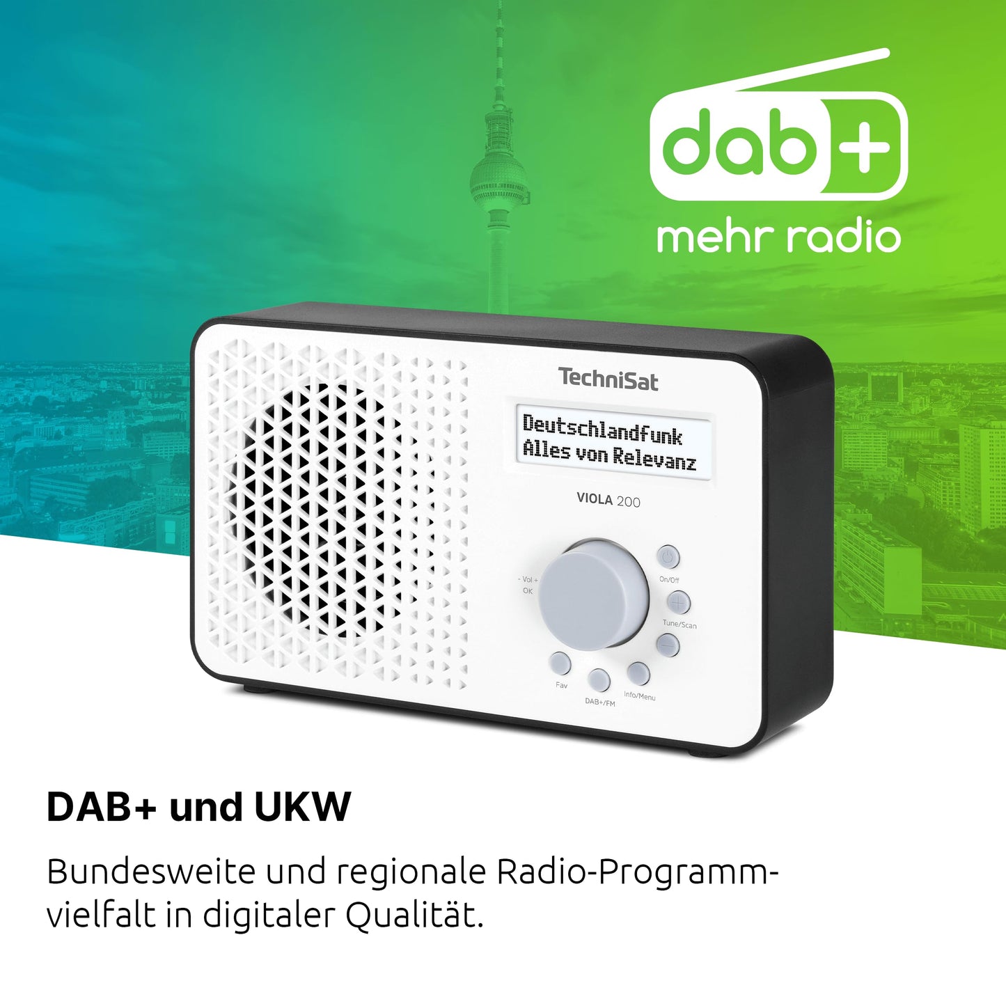 TechniSat Viola 200 - portable DAB+/FM radio (with LCD display, telescopic antenna, favorite memory, headphone jack, mains & battery operation, mono speaker, RDS, PLL) white/black - 0000/2936