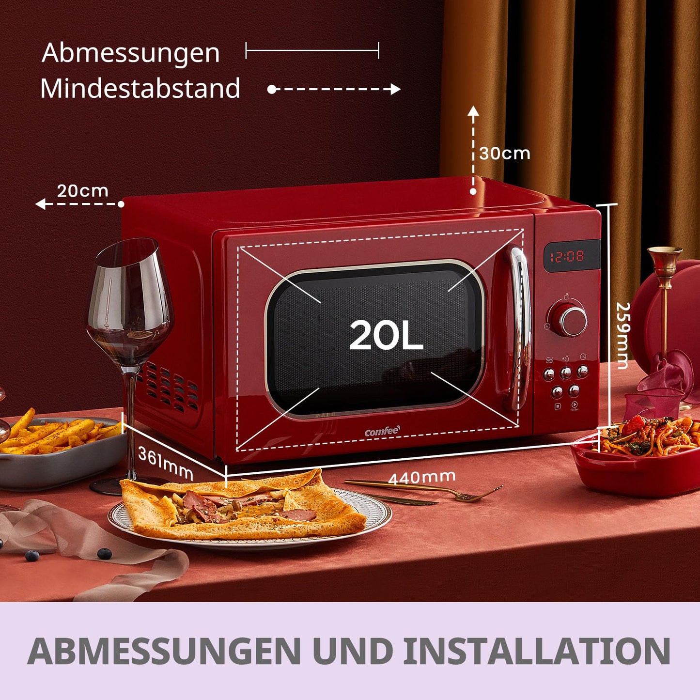 Comfee CMSRO 20 di rd retro microwave with 8 automatic menus, 5 power levels, pressure cooking button, 20 l, 800 W, passionate red