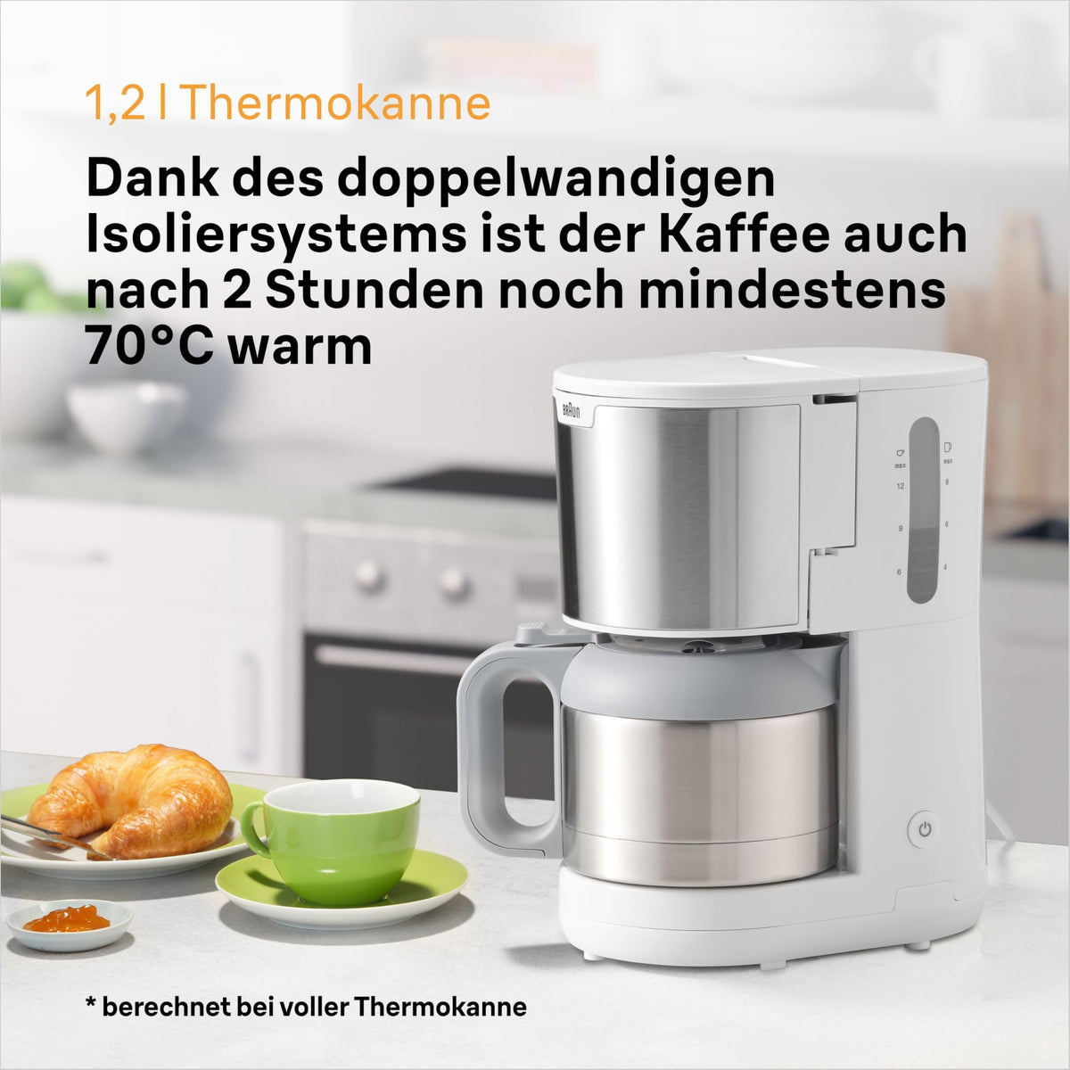 Braun PurShine KF1505 WH Filter Coffee Machine, 1.2L Stainless Steel Thermal Carafe for up to 9 cups, OptiBrew System, Drip Stop Function, Swivel Filter Basket, Automatic Shut-off, 1000W, White - KF1505WH