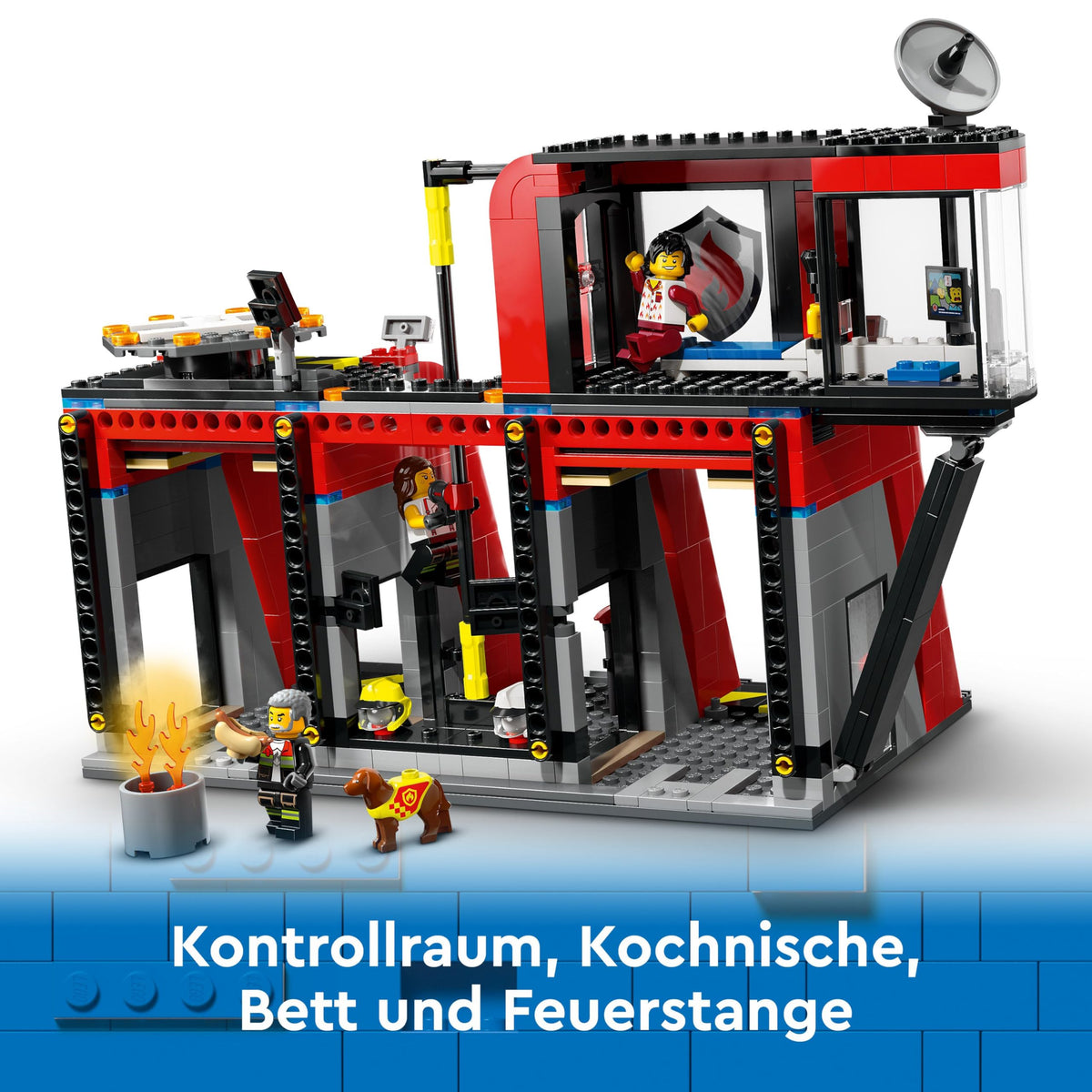 LEGO City Fire Station with Ladder Truck, fire-fighting toy set featuring a fire station and fire truck, birthday gift for children aged 6 and up, set includes a dog and 5 minifigures 60414