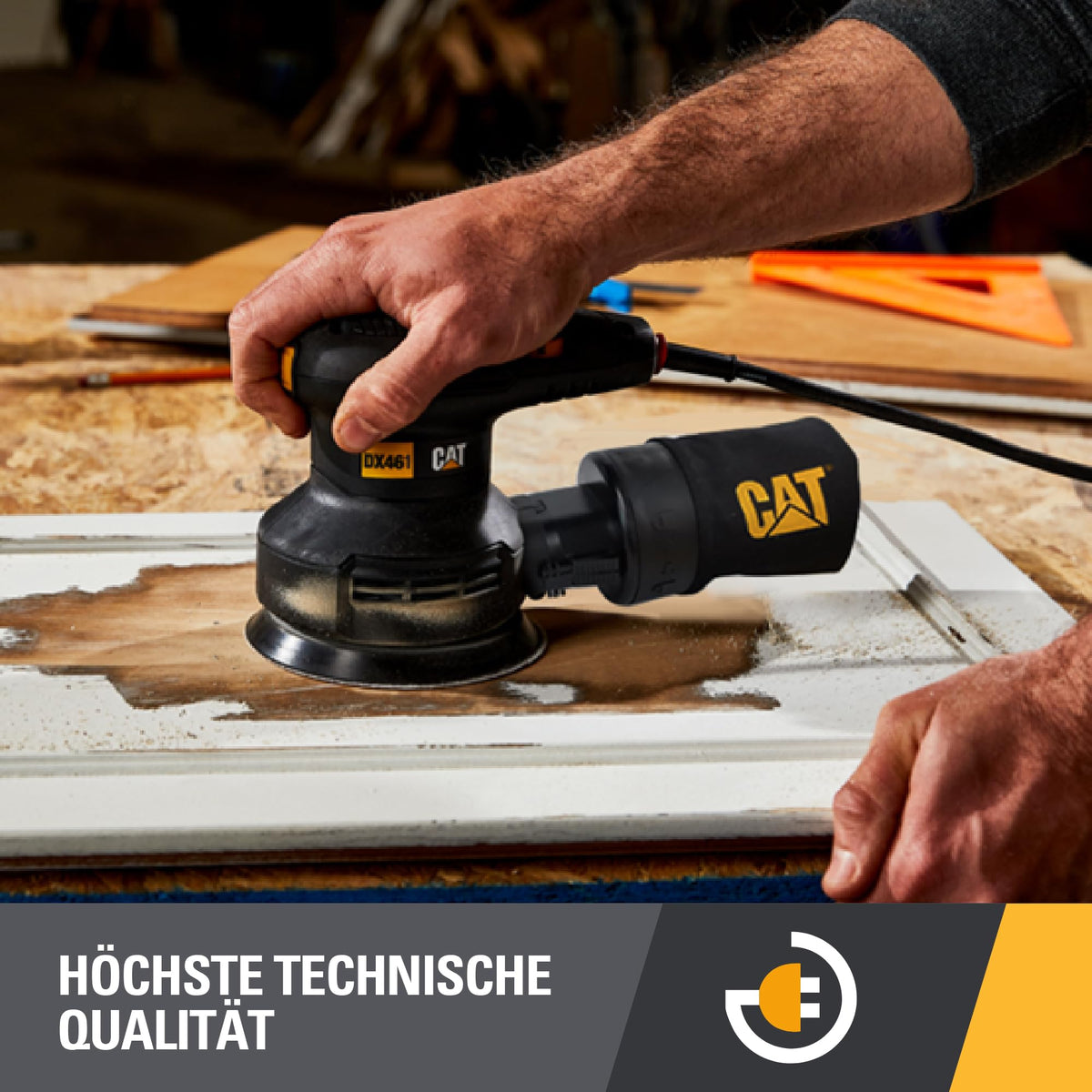 CAT DX461 Exzenterschleifer de 125 mm, 400W, 5000–14000 U/min, Ø2,5 mm, (inclusiv cutie de praf Zyklon, viteză variabilă și sistem de aspirare a prafului)