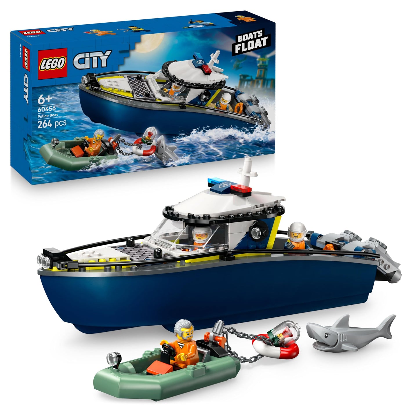 LEGO City Police Boat Chase - Playset with floating speedboat, crook's inflatable boat, 3 mini figures and a shark figure - Gift for boys and girls aged 6 and up - 60456