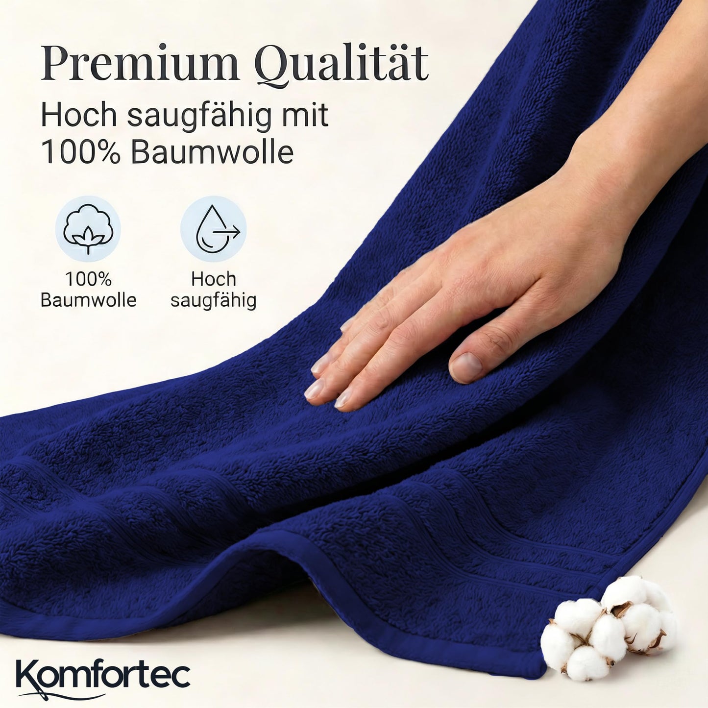 Komfortec 2 sauna towel set 80x200 cm, large sauna towels made of 100% cotton, sauna towels, fluffy and absorbent, quick-drying, navy blue - Blu