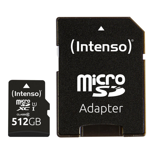 Intenso Premium microSDHC 512GB Class 10 UHS-I, U3, V30 memory card incl. SD adapter, for 4K recordings, GoPro, Insta 360, dji, Osmo, Steam Deck, drone, action camera, black - 3423493
