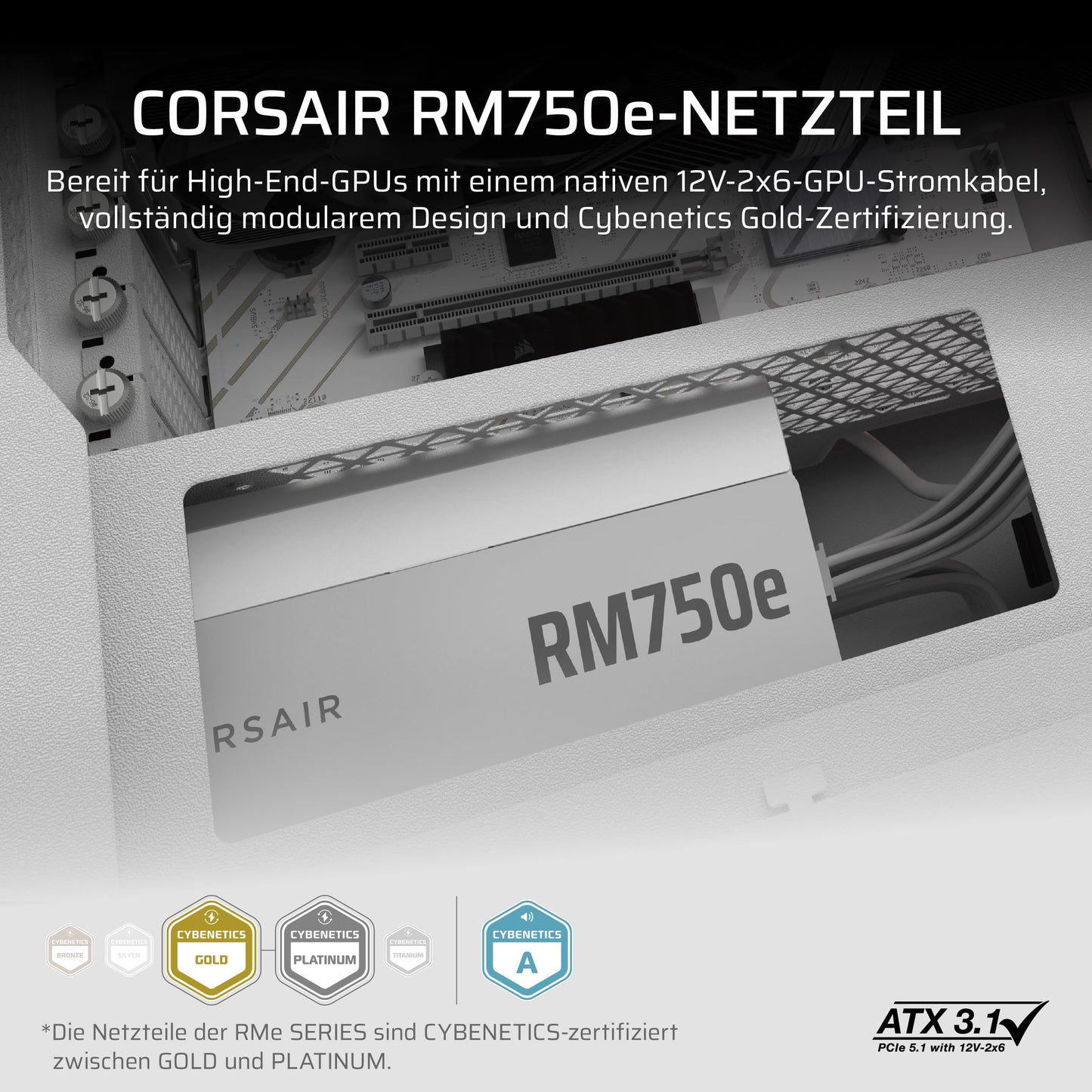 CORSAIR RM750e (2025) Quiet Fully Modular ATX Power Supply with 12V 2x6 Cable - Zero RPM Fan Mode, ATX 3.1 Compliant, PCIe 5.1 Support, Cybenetics Gold - White - CP-9020292-EU