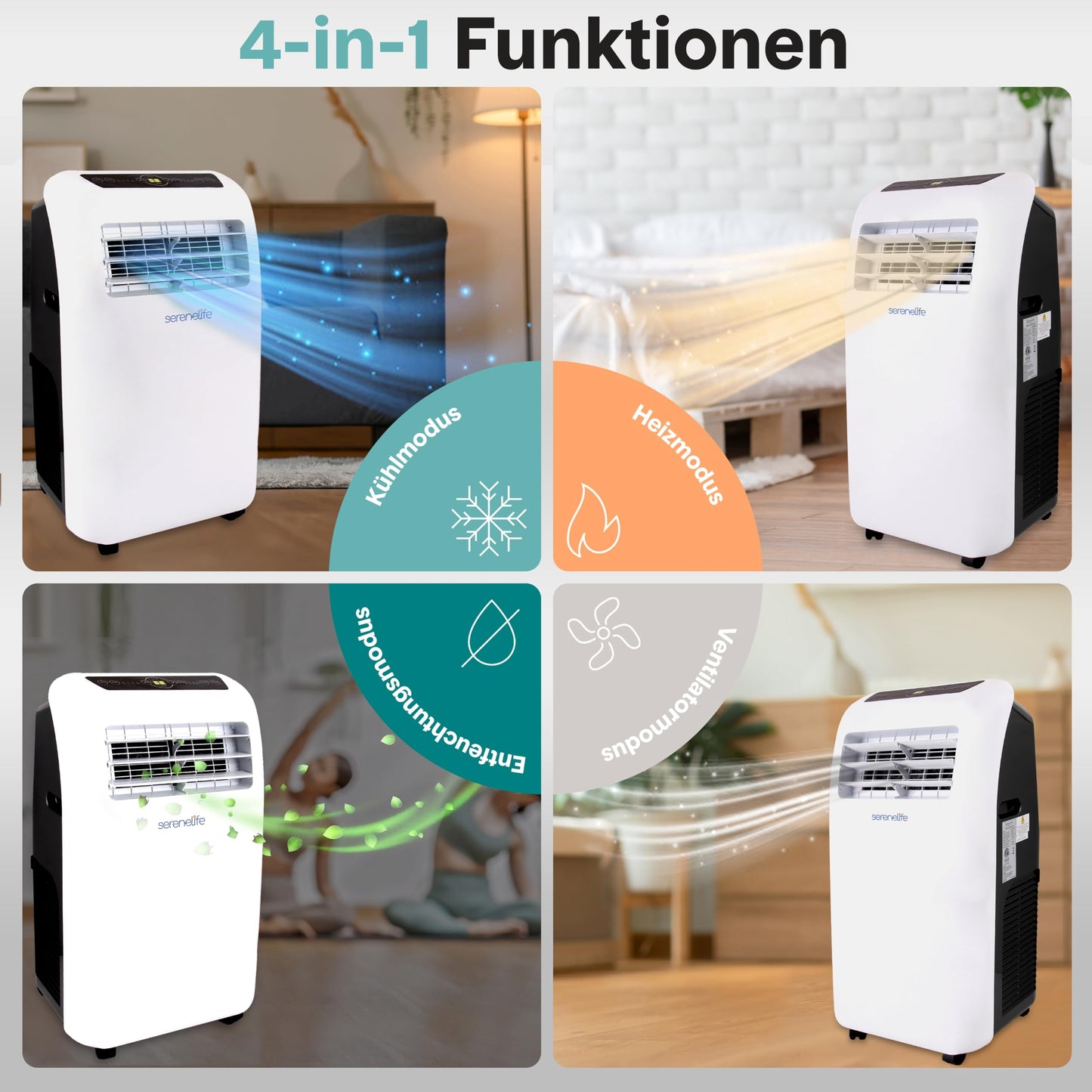 SereneLife Mobile Air Conditioner 4-in-1: Air Cooler, Fan, Dehumidifier + Heater - Portable Air Conditioner with Exhaust Hose, Remote Control & Kit for Rooms up to 42 m² - Window Mounting 9,000 BTU - SLACHT9EU