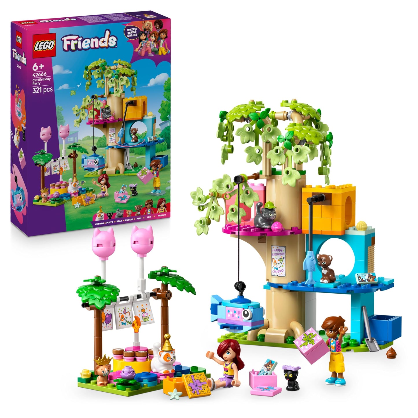 LEGO Friends Cat Birthday Party & Tree House - Toy with 2 Minifigures & 5 Animal Figures - Rotating Table, Piñata & Fun Accessories - Creative Gift for Girls Ages 6 and Up - 42666