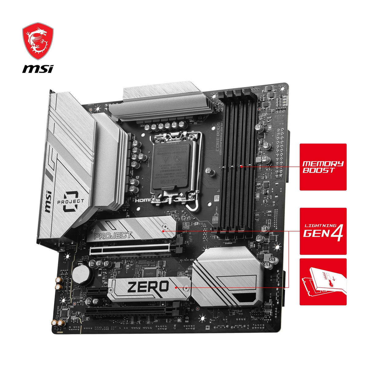 MSI B760M Project Zero Placă de bază, Back Connect mATX - Suportă procesoare Intel Core de generațiile 14, 13 și 12 LGA 1700, DDR5 7800+MHz/OC, PCIe 5.0 x16, - 7E14-001R