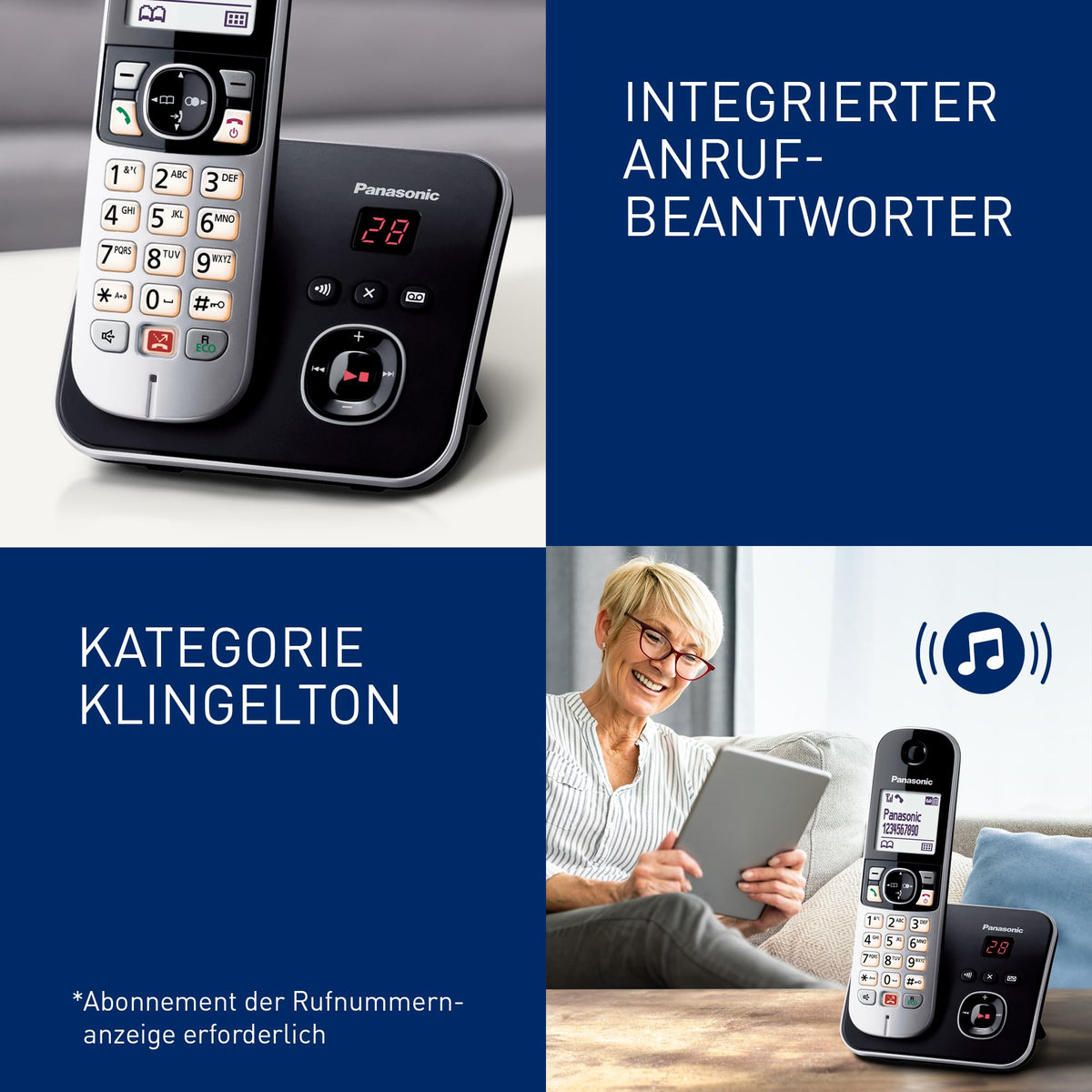 Panasonic KX-TG6864GB cordless phone with 4 handsets and answering machine (up to 1,000 blocked phone numbers, clear font size, loud receiver, full-duplex hands-free speaking) black-silver