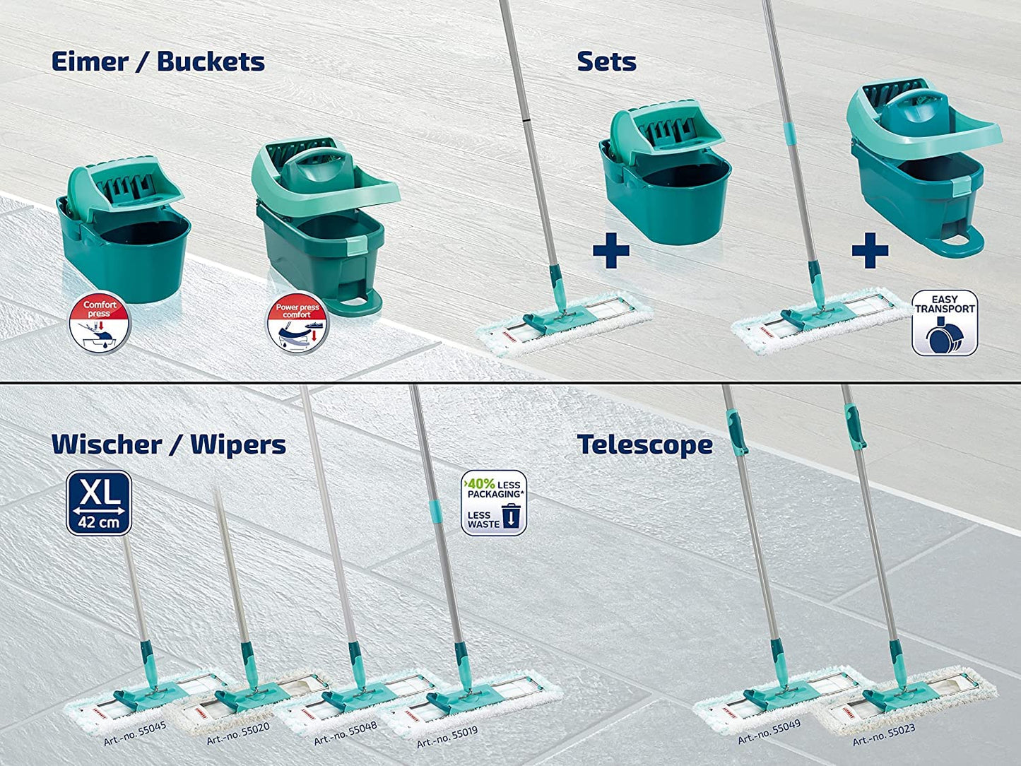 Leifheit wiper press Profi XL with wheels and carrying handle, with foot control for back-friendly cleaning without bending over and clean hands, 8 liter bucket with press attachment - 55076