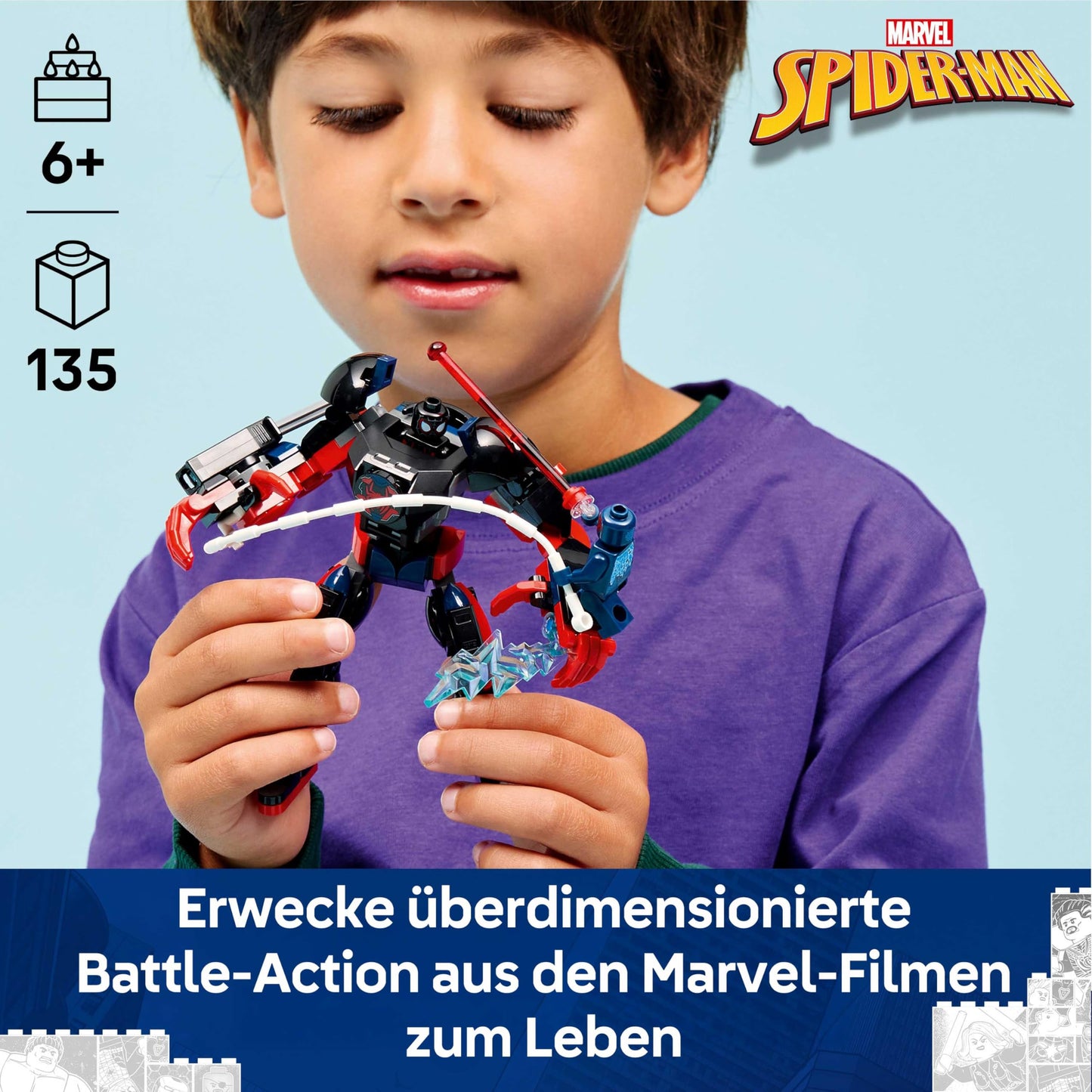 LEGO | Marvel Miles Morales Mech vs. Spider-Man 2099 - Superhero toy with action figure and 2 minifigures as well as Razor Web and Power Blast elements - gift for boys aged 6 and over - 76337