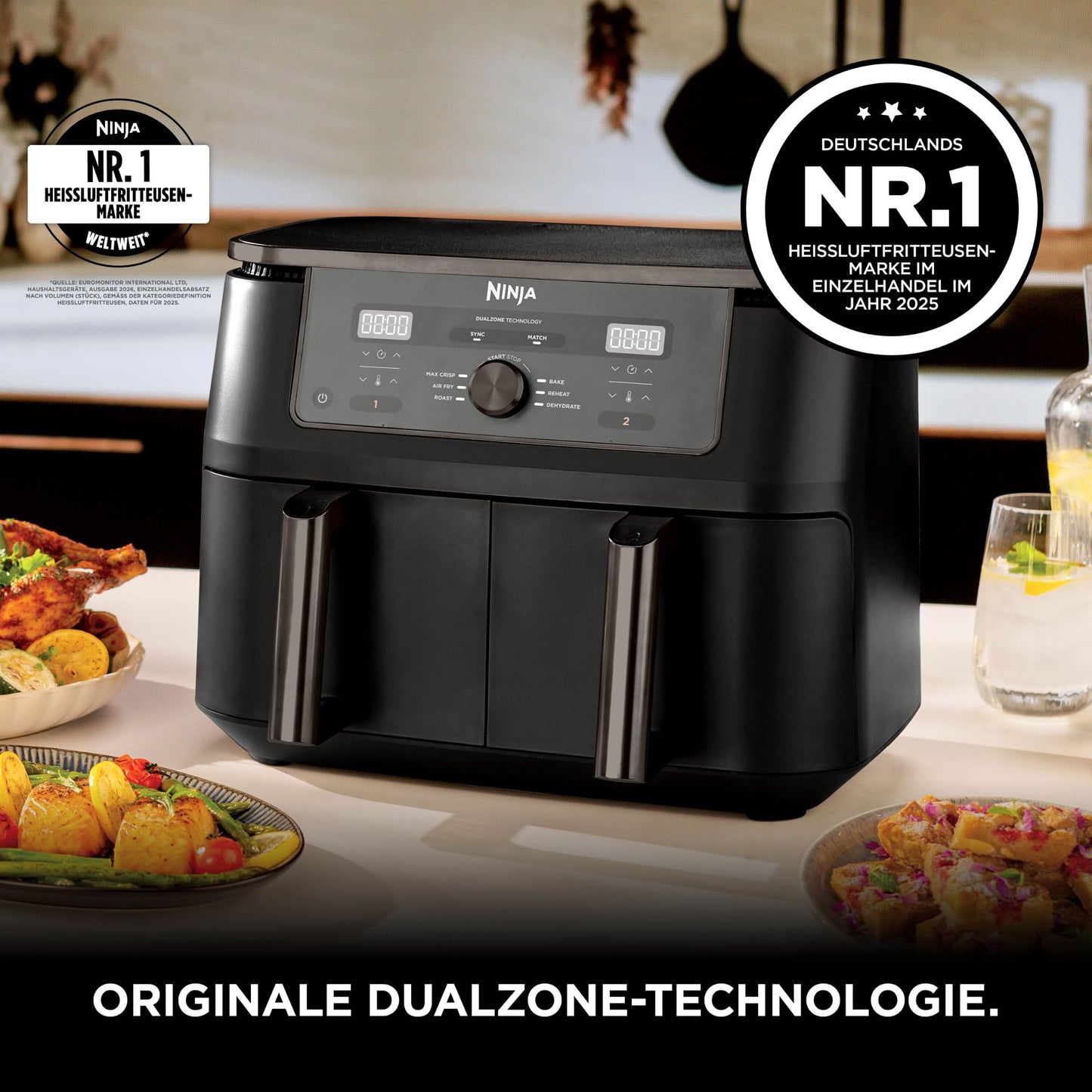 Ninja Air Fryer MAX Dual Zone, 2 Drawer, 9.5L, 6-in-1, Cooking without Oil, Air Fry, Max Crisp, Roasting, Baking, Reheating, Dehydrating, Dishwasher Safe Non-Stick Baskets, Onyx Black DZ400EUBK