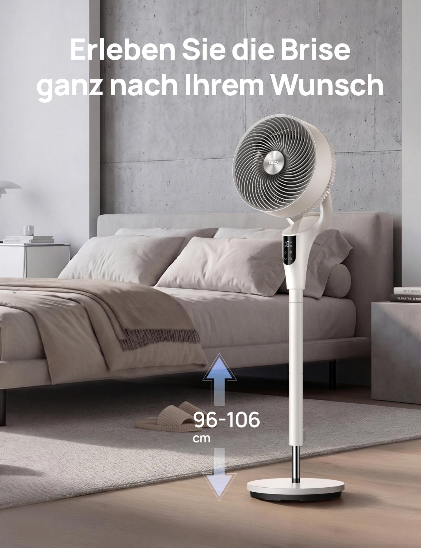 DREO Quiet Stand Fan for Bedroom [Improved], 27m Airflow, Quiet, 90° Oscillating, DC Motor, 8 Speeds, 3 Modes, 96-106cm Height Adjustable, 8H Timer, 105° Manual Tilt - DR-HPF013